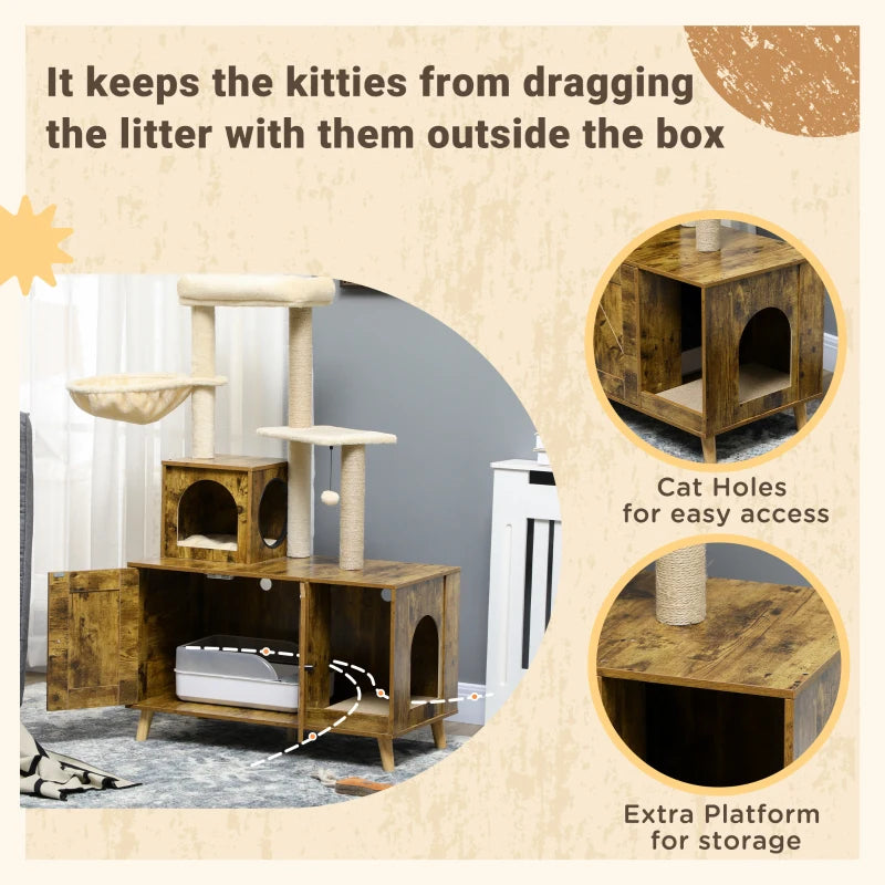 Industrial Style Cat Tree with Built In Litter Tray Enclosure with Hammock, House and Cushion