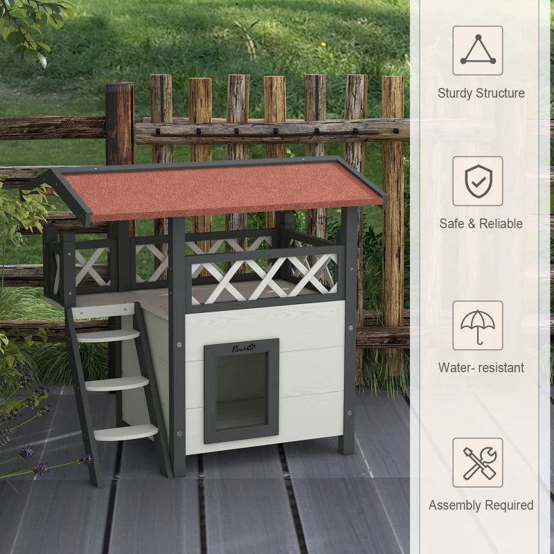 Cat House with Roofed Balcony Area & Stairs and Under House - White