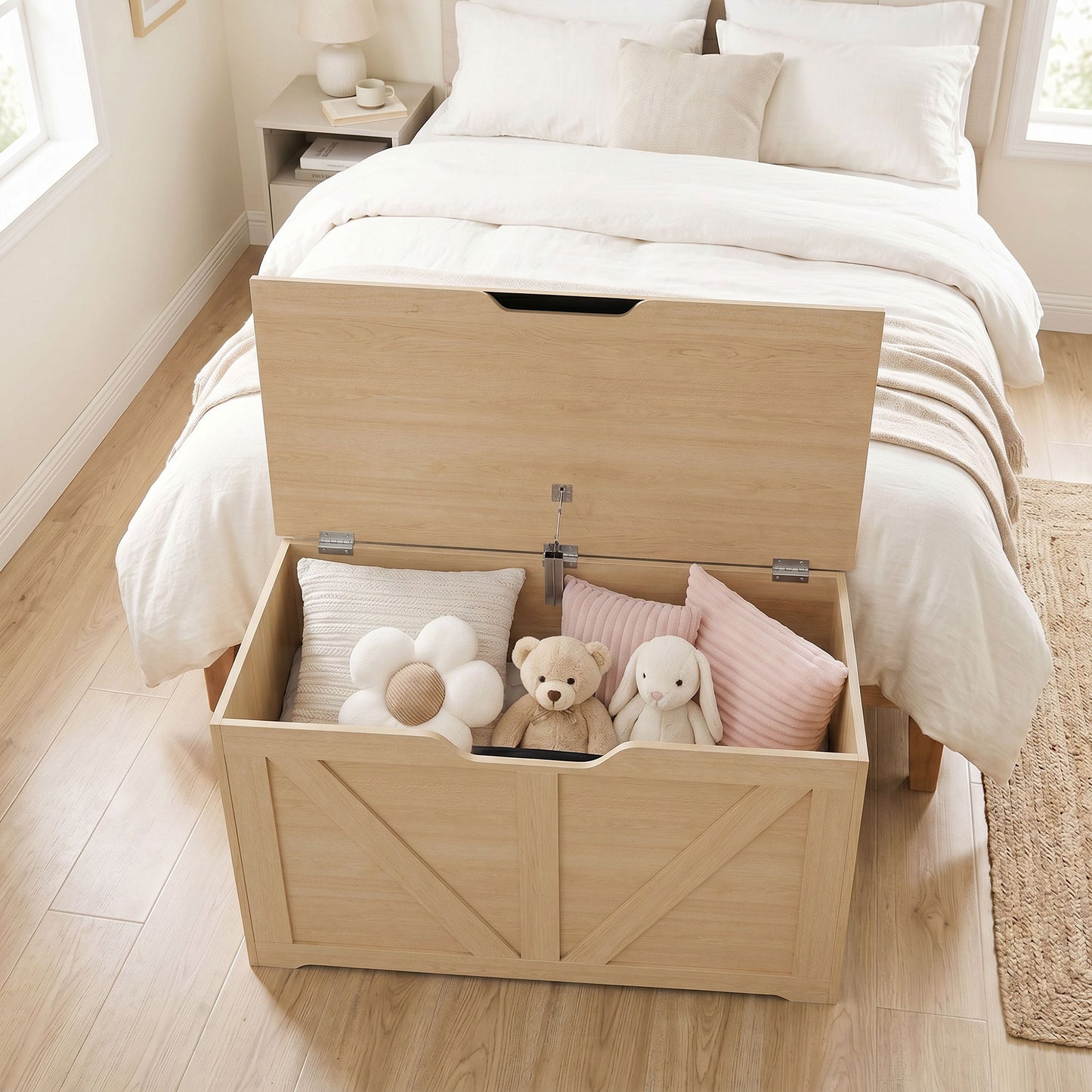 100L Home Storage Box, with Safety Hinge - Nature Wood Finish