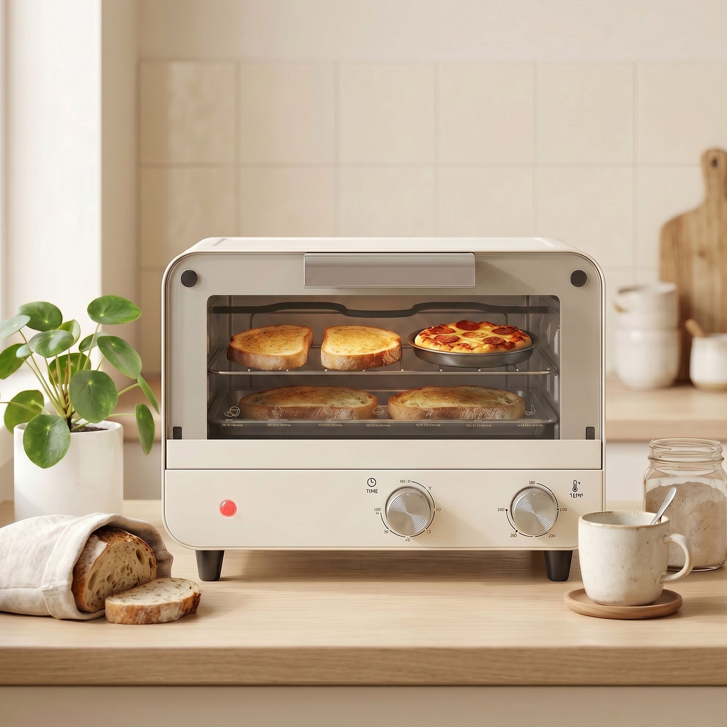 Mini Oven, Small Toaster Oven with Glass Door, Adjustable Temperature and Timer, Accessory Included, 750W, Cream White