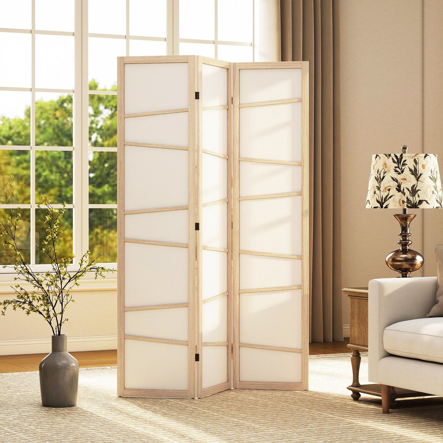 Wooden Folding Privacy Screen, 3 Panel Room Divider for Bedroom, Natural Wood Finish
