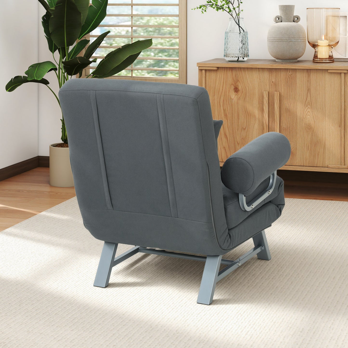 Single Sofa Bed, 3-in-1 Convertible Folding Chair Bed with Adjustable Backrest, Removable Armrests, Dark Grey