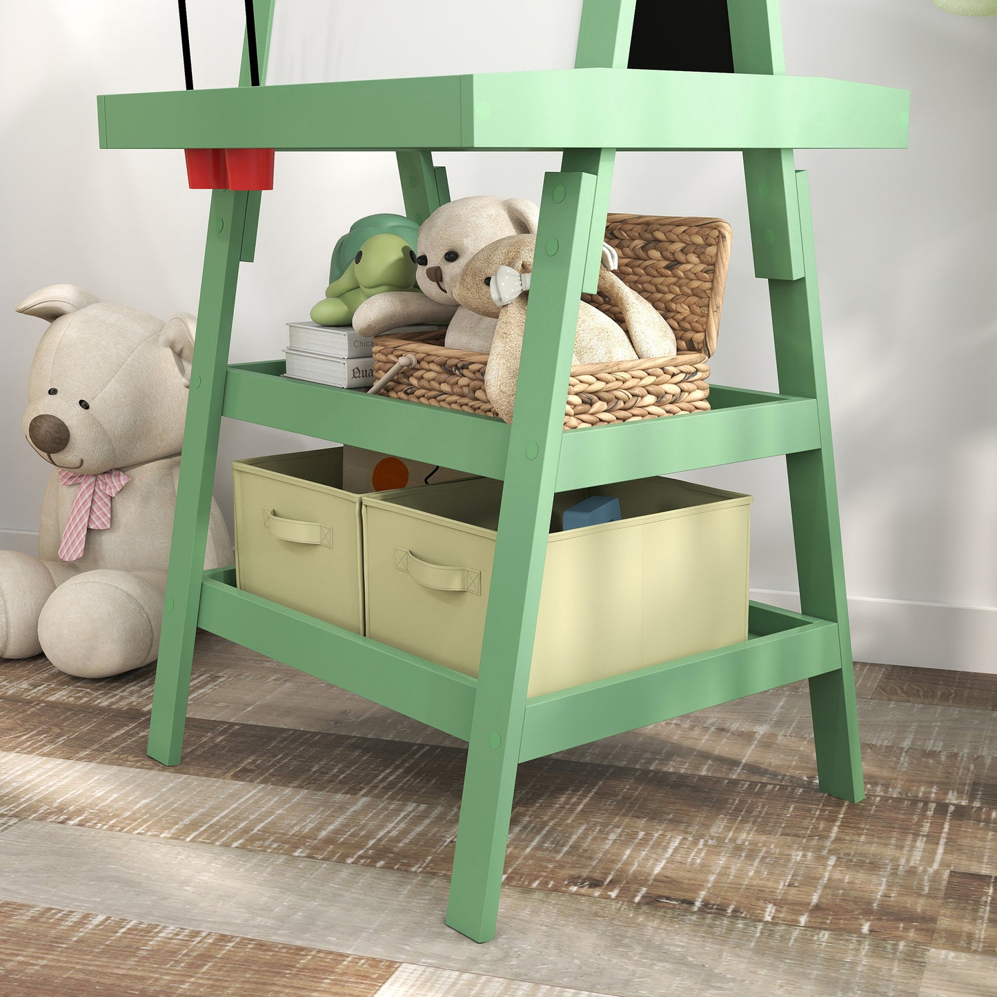 3 in 1 Kids Easel Double-Sided Magnetic Whiteboard and Chalkboard with Paper Roll, Storage Baskets - Green