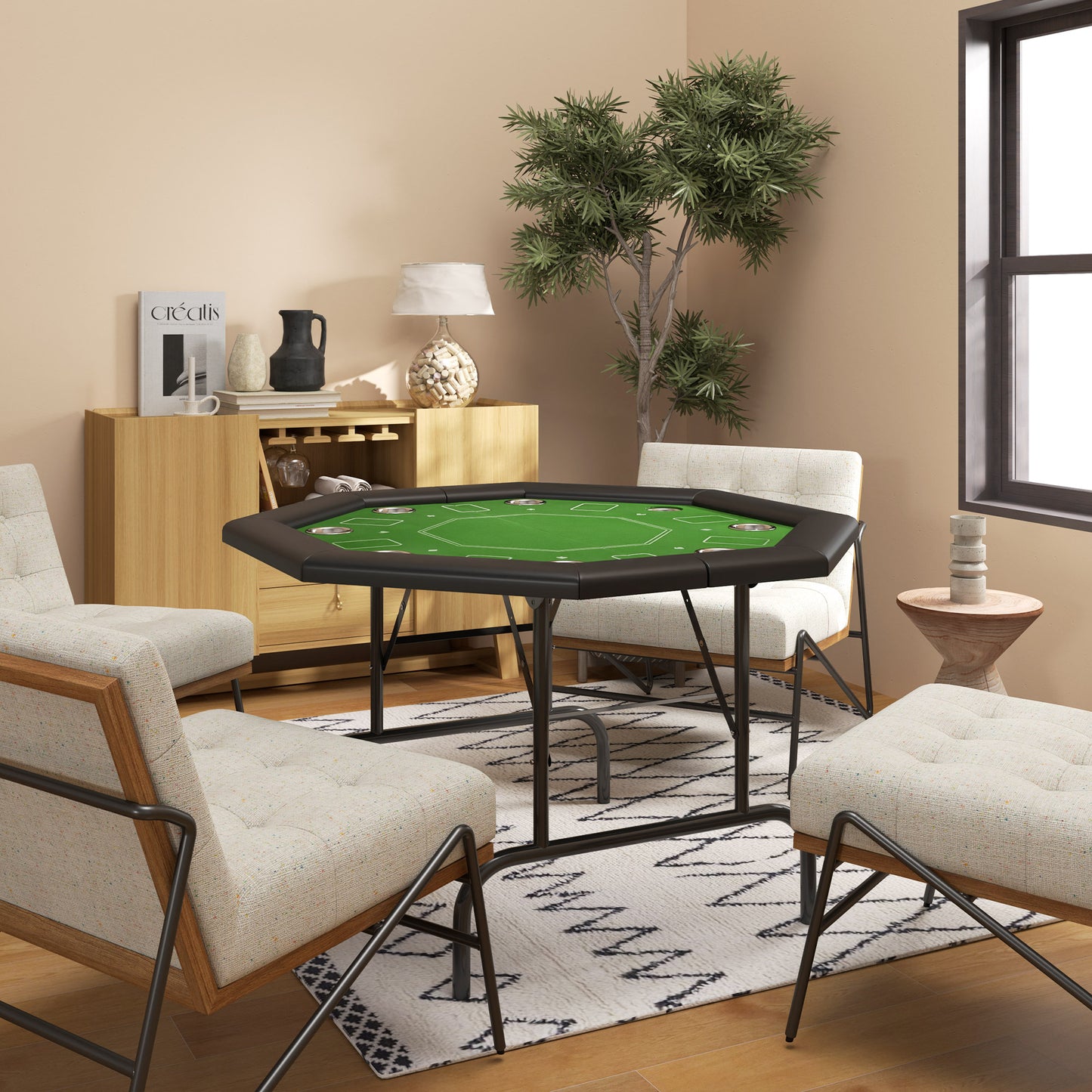 8 Player Folding Poker Table, Portable Octagon Blackjack Table with Cup Holders, Padded Edge, Green