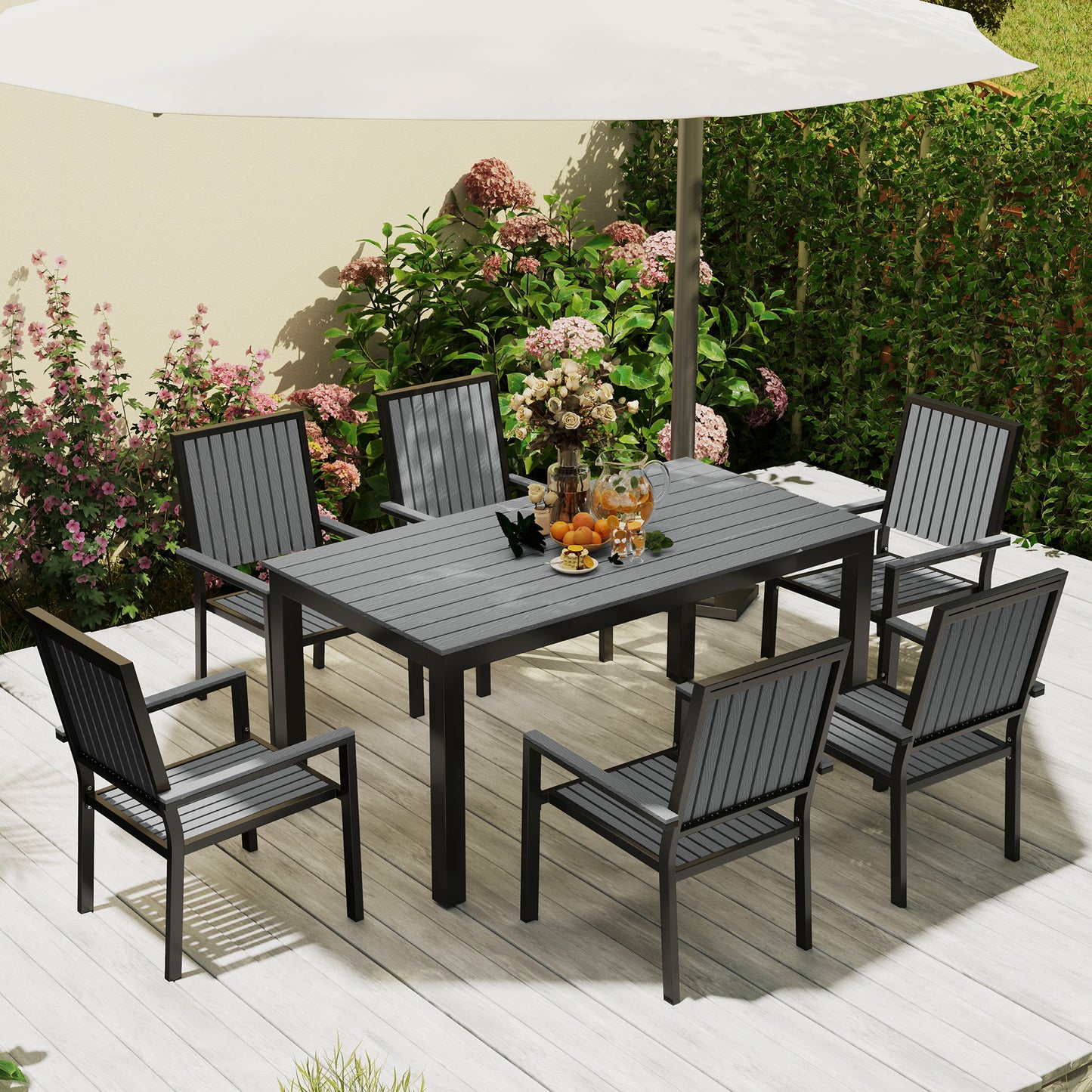 6 Seater Garden Dining Set with Stackable Chairs, Aluminium Frame, Rectangular Plastic Top, Garden Furniture Set