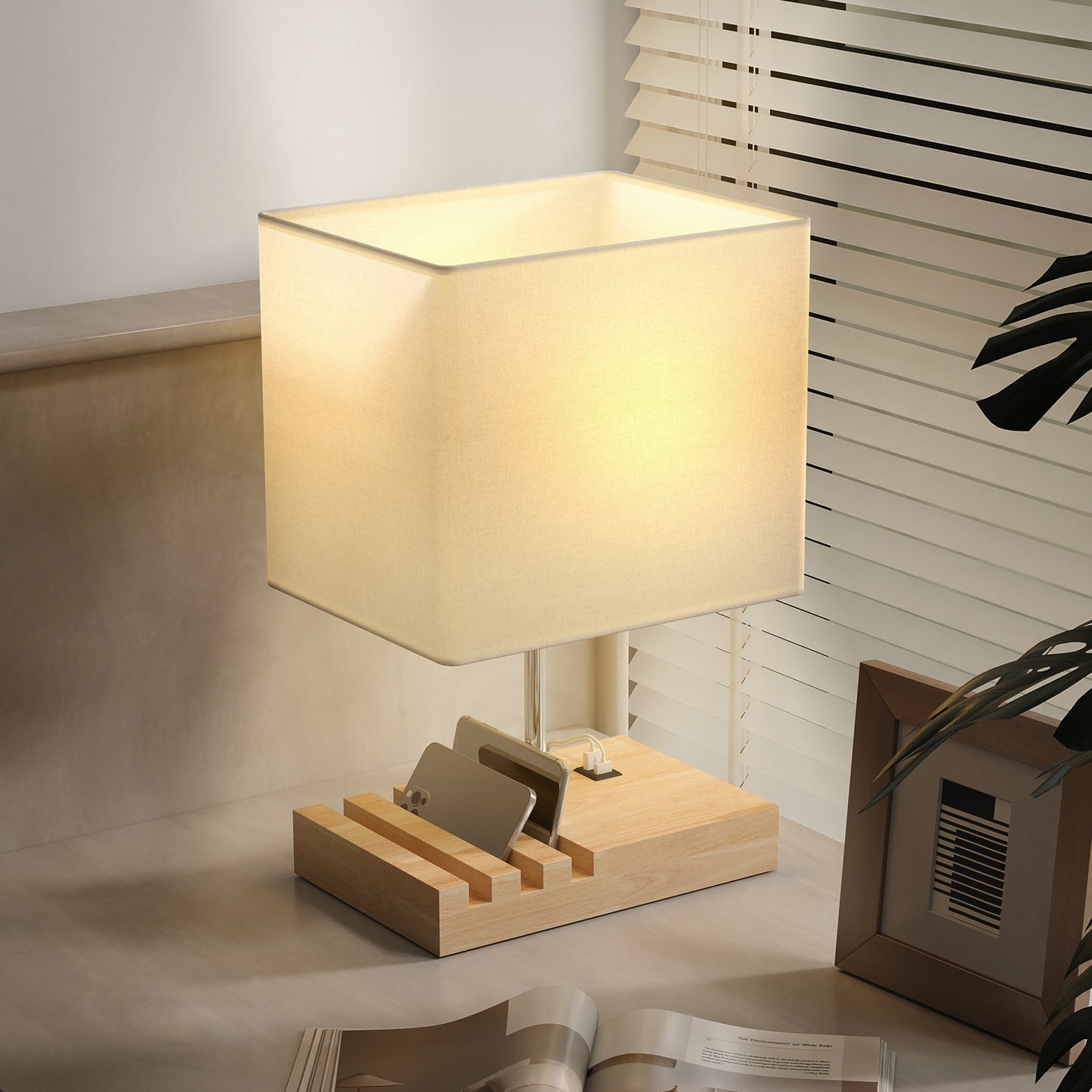 Bedside Lamp with USB A+C Charging Ports and 3 Phone Stands