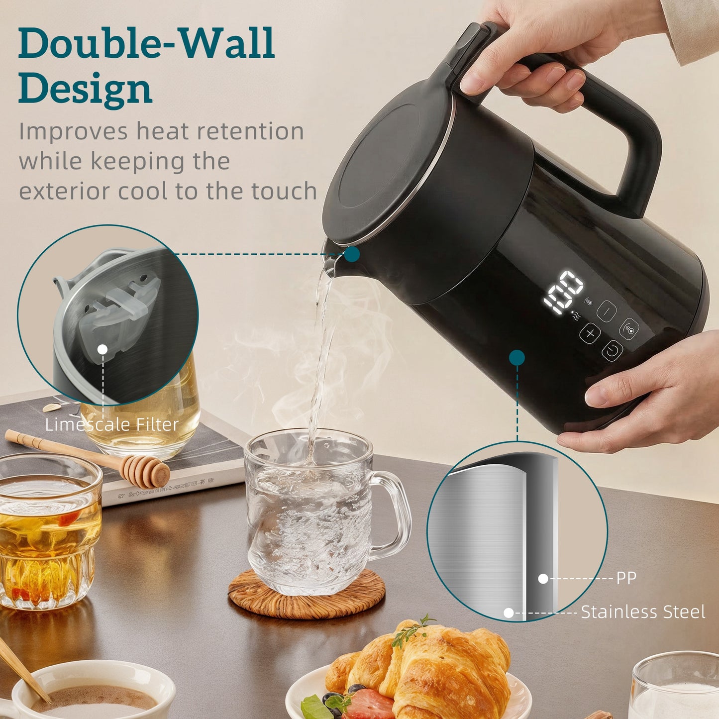 Electric Kettle, 1.7L Fast Boil 3kW Water Kettle with UK Strix Thermostat, LED Display, Keep Warm Function, Black