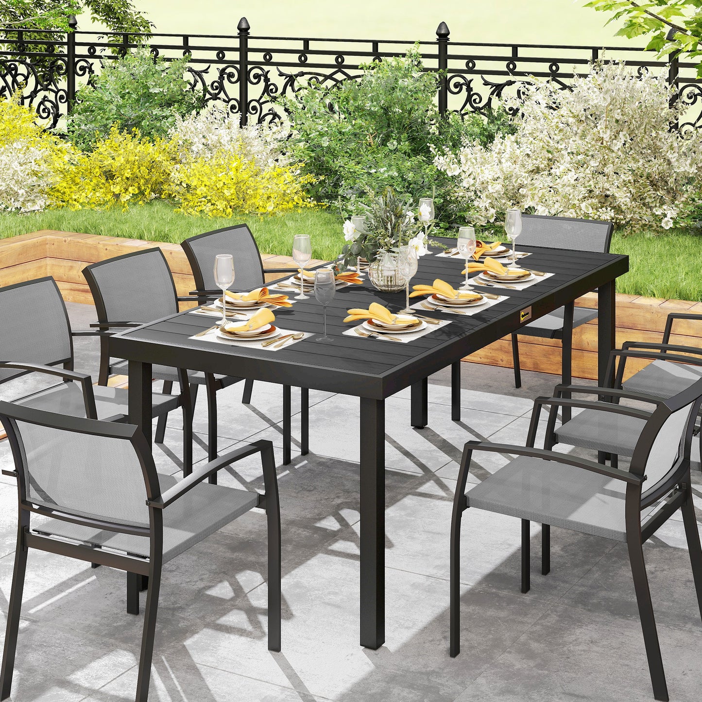 Aluminium Outdoor Garden Dining Table for 8 People, Faux Wood Top, for Garden, Patio, 190 x 90 x 74cm, Black