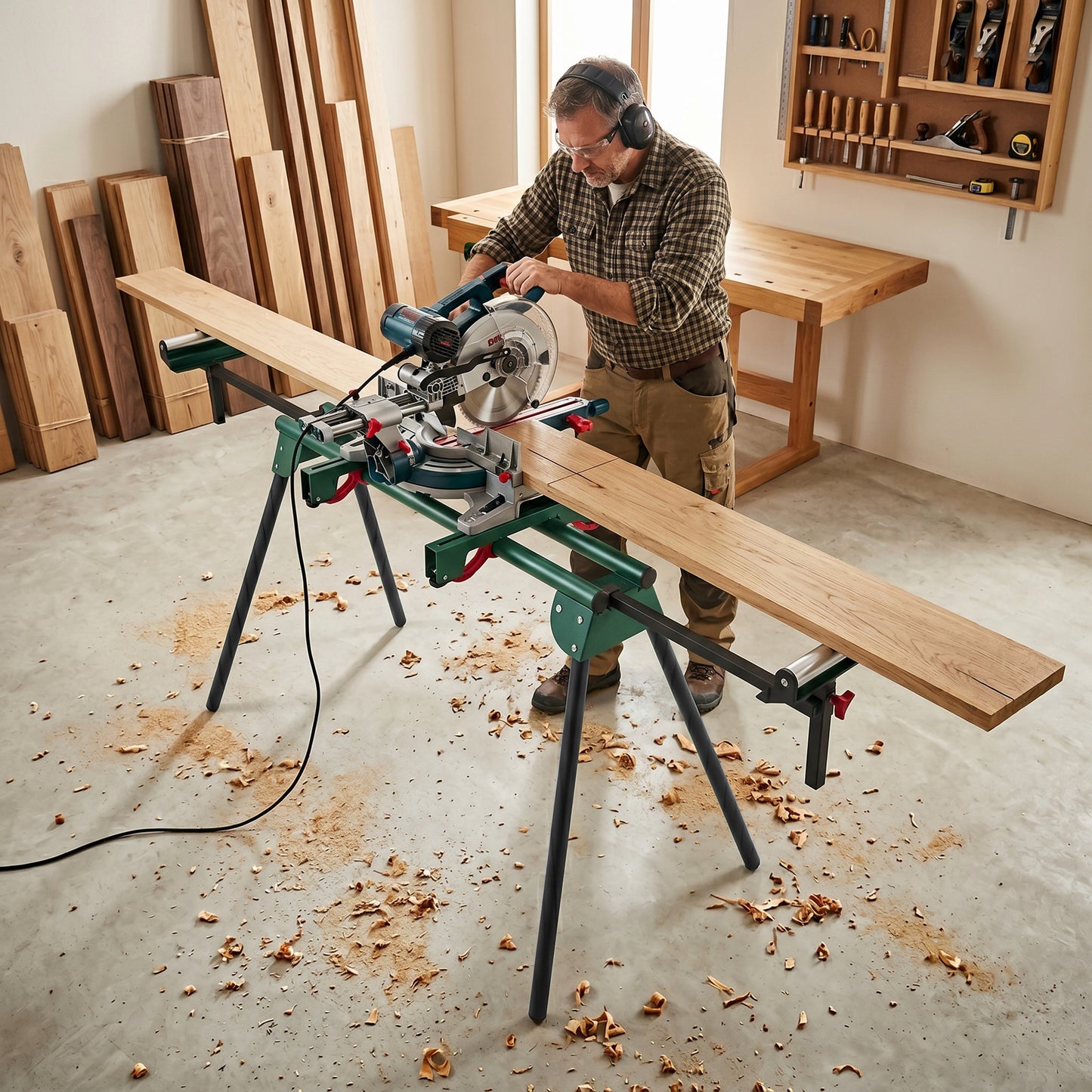 Universal Mitre Saw Stand with Adjustable Rollers and Support Arms, Portable Miter Saw Stand with Folding Legs