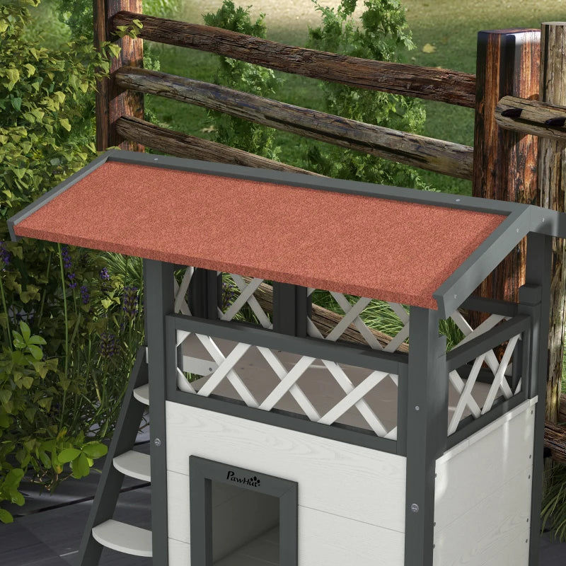 Cat House with Roofed Balcony Area & Stairs and Under House - White