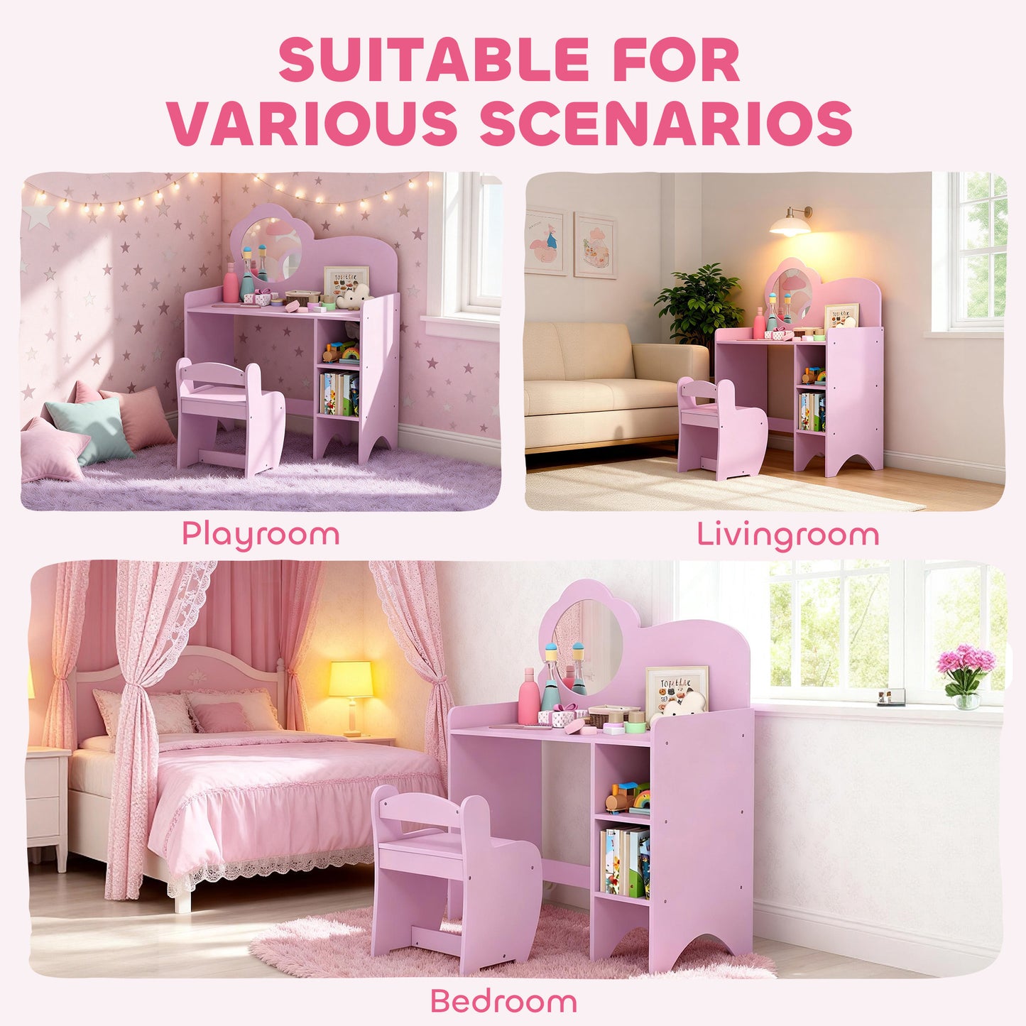 Kids Dressing Table with Mirror, Stool, Kids Vanity Table with Shelves, for Ages 3-8 Years, Purple