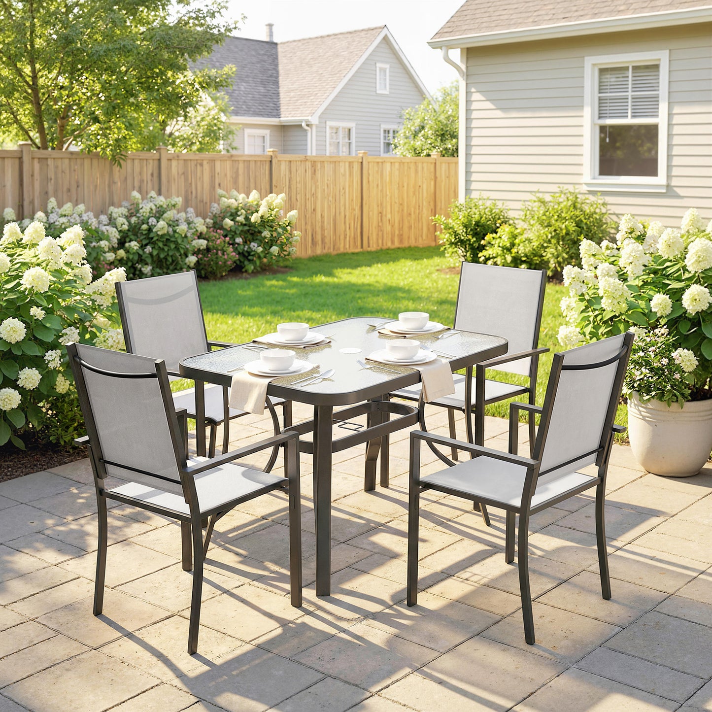 Garden Dining Set for 4 with Umbrella Hole, Stackable Chairs and Rectangular Glass-Top Outdoor Table, Light Grey