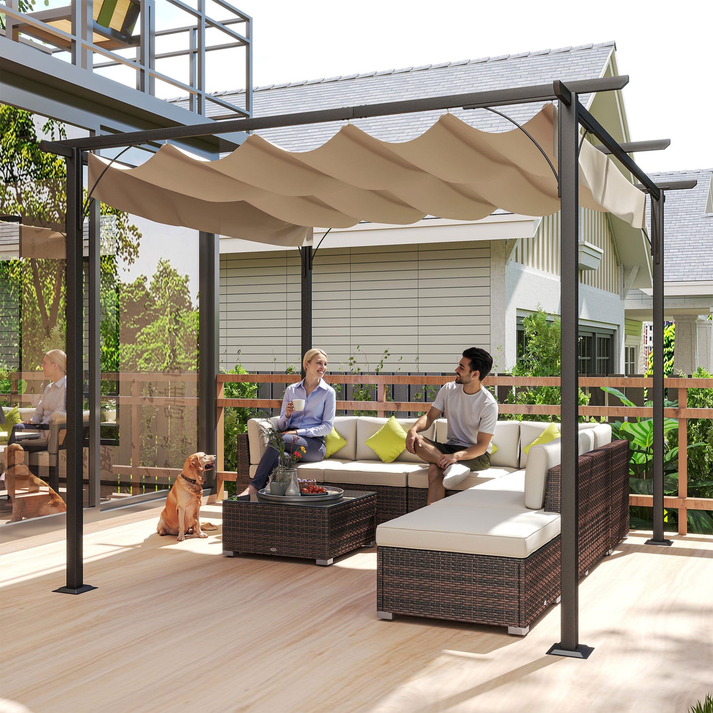 3 x 3(m) Metal Pergola with Retractable Roof, Garden Gazebo Metal Pergola Canopy for Party BBQ, Beige