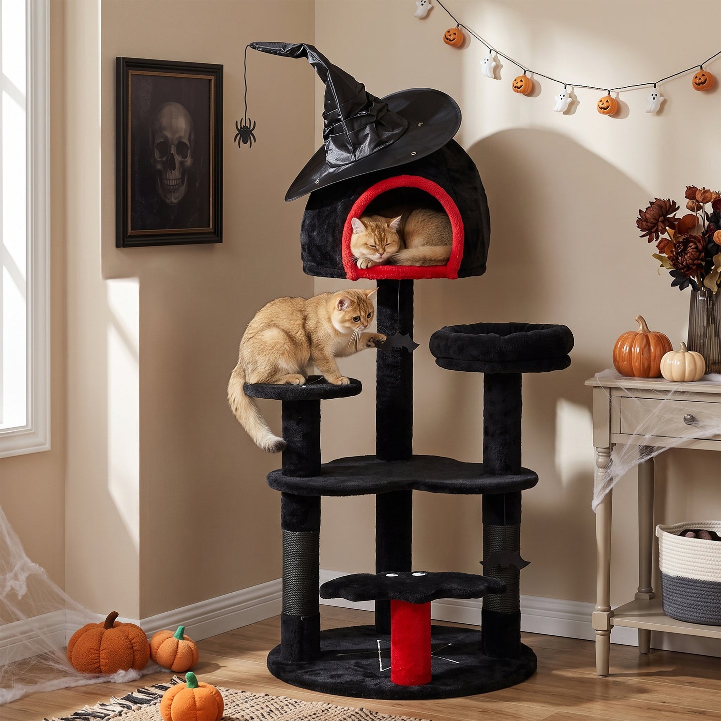 Gothic Cat Tree, 155cm Cat Tower for Indoor Kittens, Multi-Level Stable Kitten Activity Centre, Black, Halloween