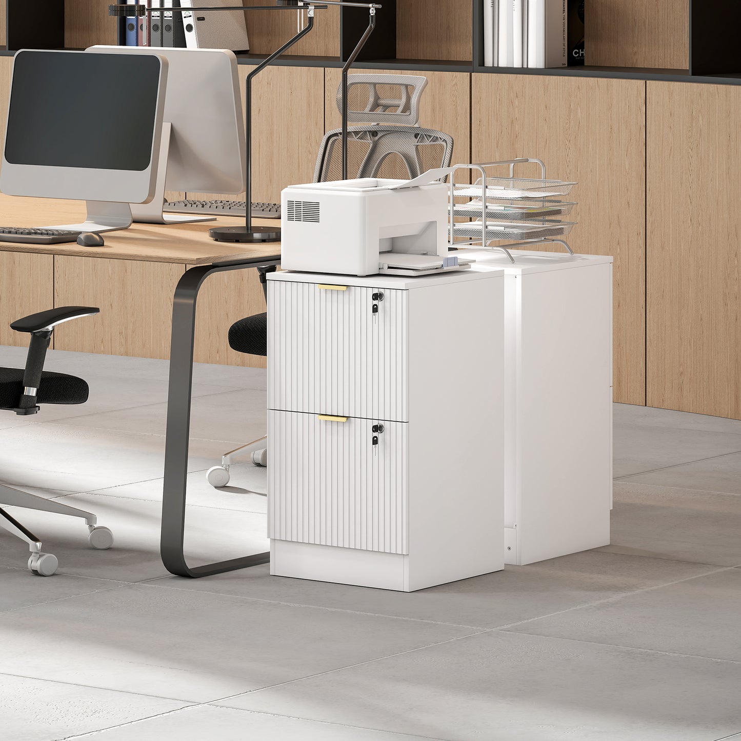 Filing Cabinet, Fluted Vertical File Cabinet with 2 Lockable Drawers and Hanging Rails, White