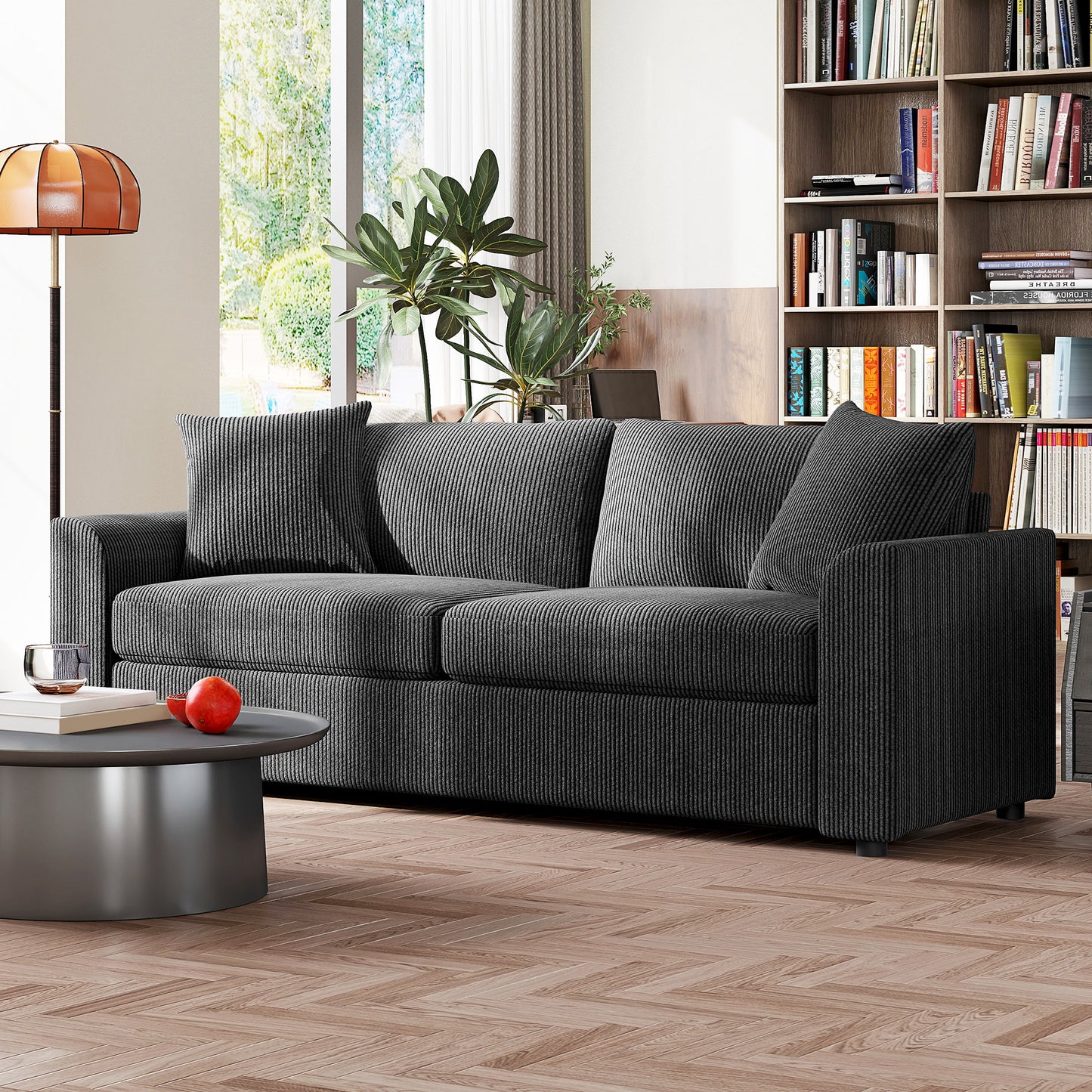 3 Seater Sofa, 212cm Corduroy Couch with Spring Cushion, Wide and Deep Seat, Plush Backrest, 2 Pillows