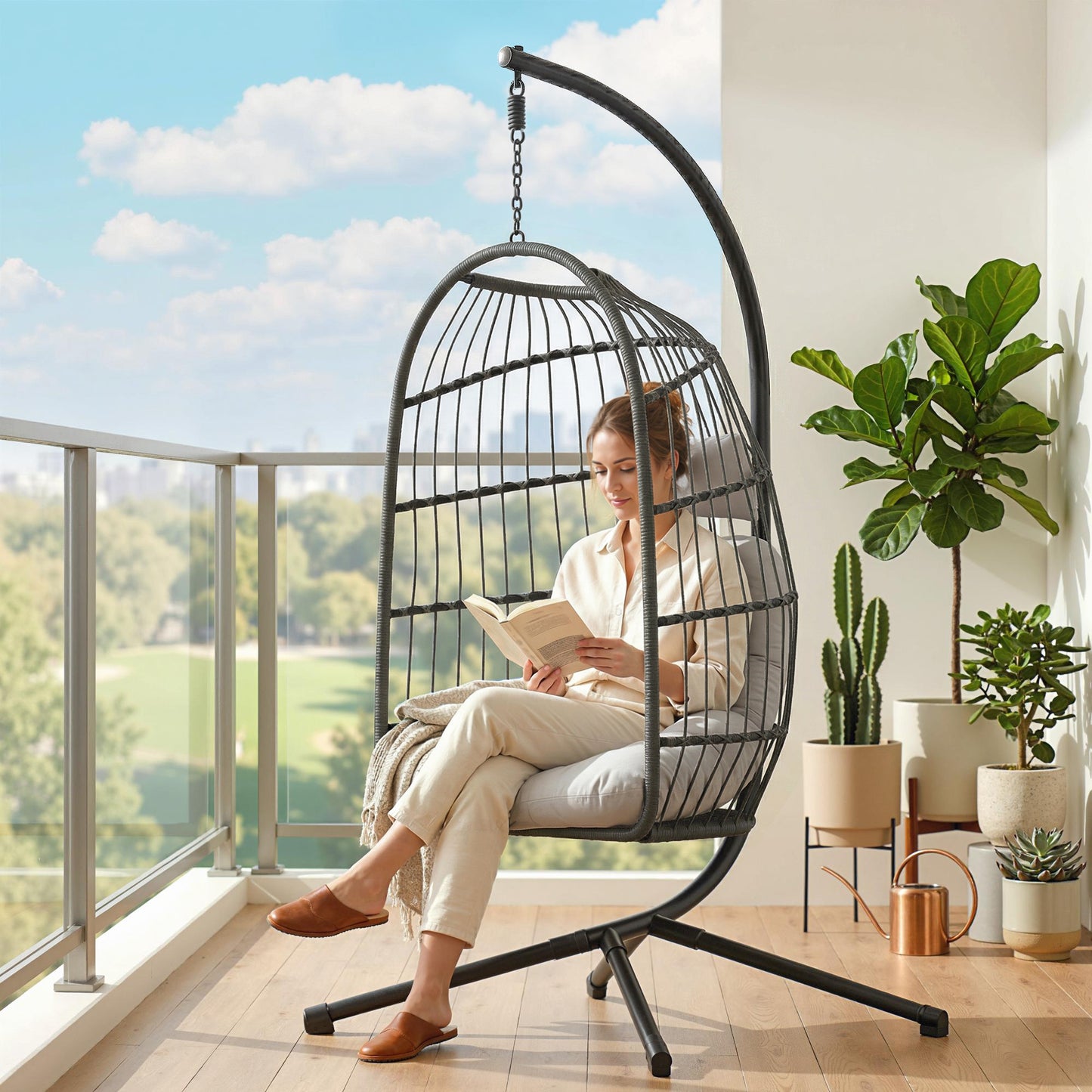 Hanging Egg Chair, Indoor Outdoor Hammock Swing Chair with Stand, Safety Strap, Foldable Basket, Dark/Light Grey
