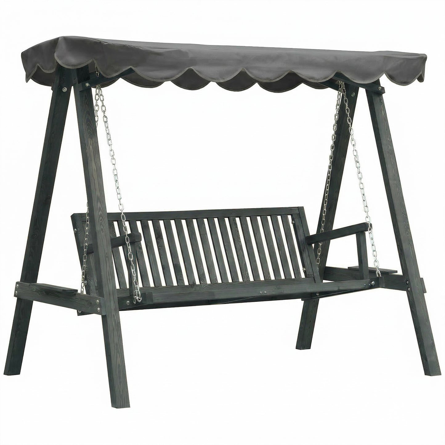3 Seater Garden Swing Seat with Canopy, Wooden Swing Chair, Outdoor Hammock Bench for Balcony Patio Porch, Grey
