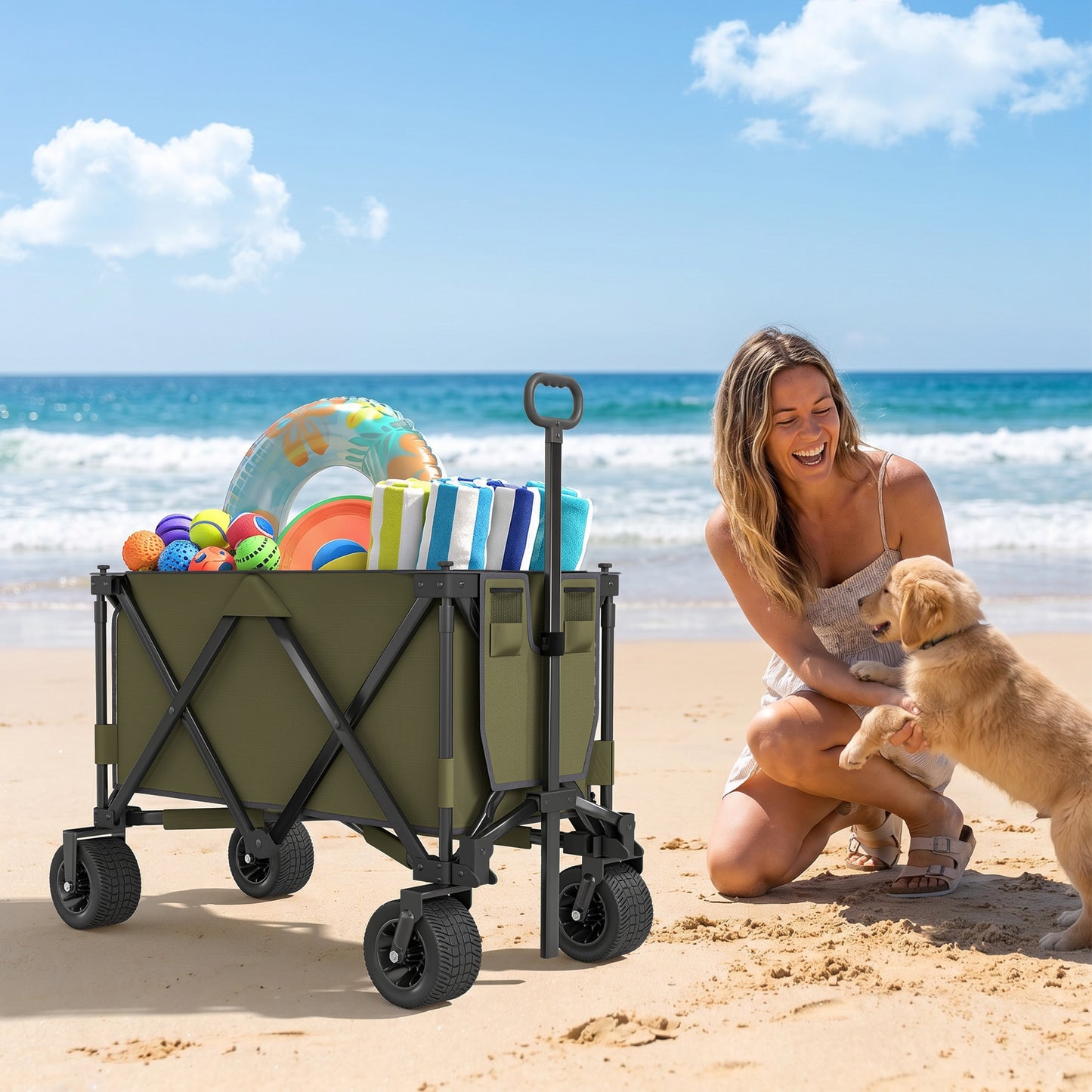 300L Festival Trolley on Wheels, Folding Camping Trolley Cart, Heavy Duty Collapsible Wagon Cart with Wide Wheels