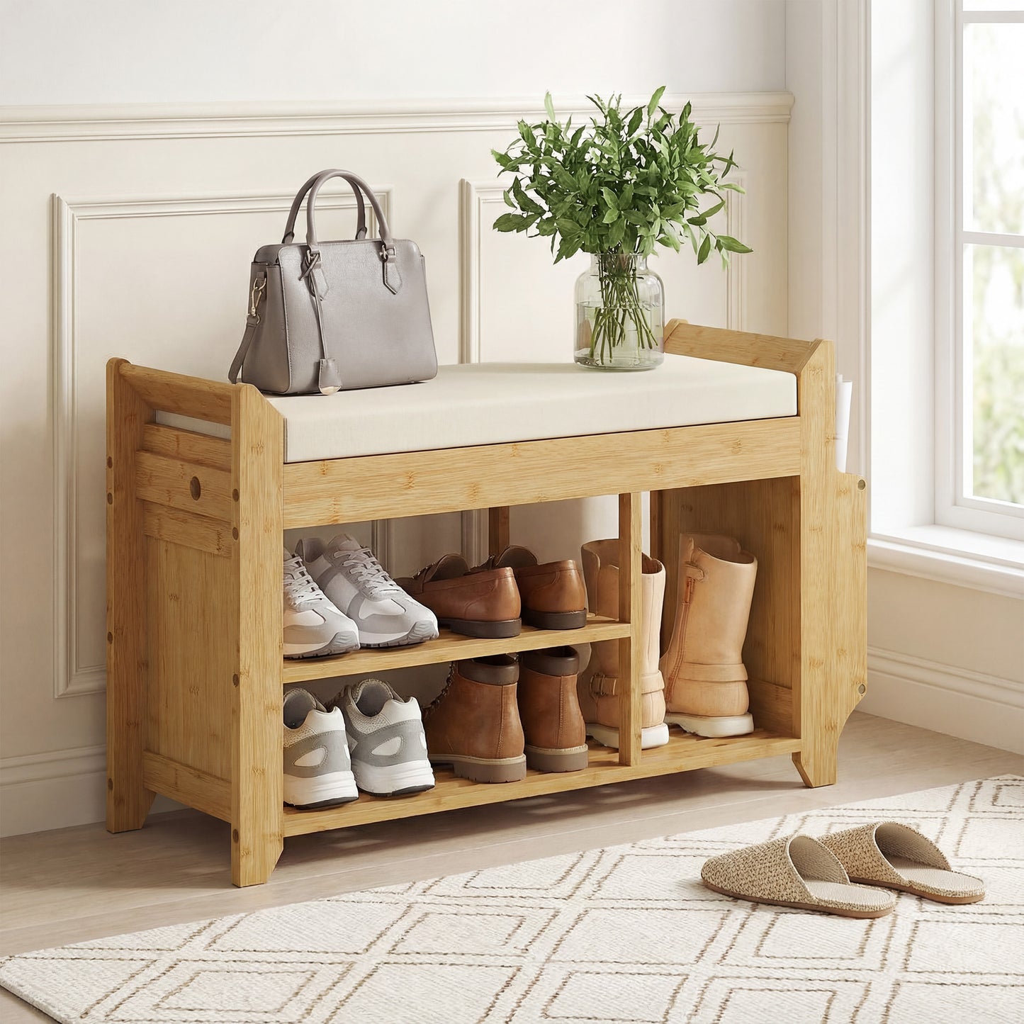 Shoe Bench 2-Tier Boot Section Entryway Storage Bench Cushioned Seat 80 x 30 x 50 cm Natural and Cream