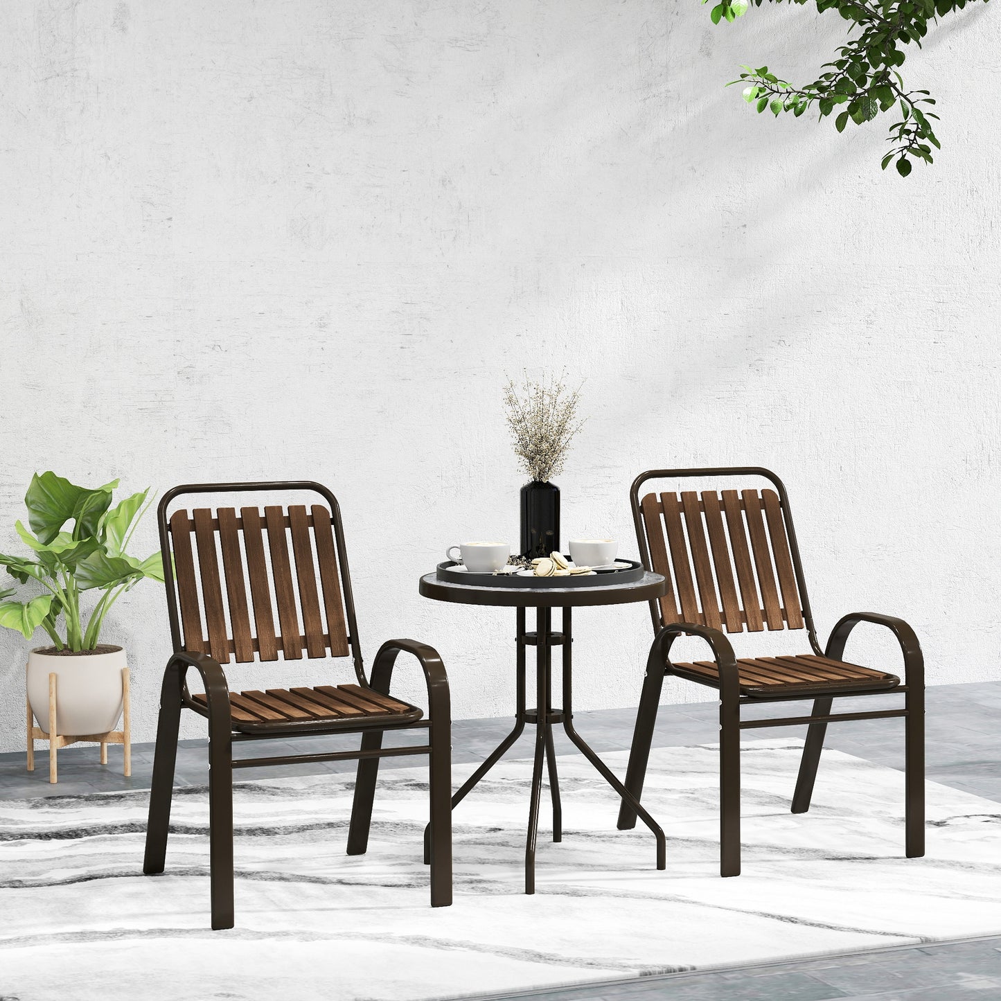 3 Pieces Patio Bistro Set with Stackable Chairs, Tempered Glass Table, for Outdoor, Balcony, Patio, Garden, Dark Brown
