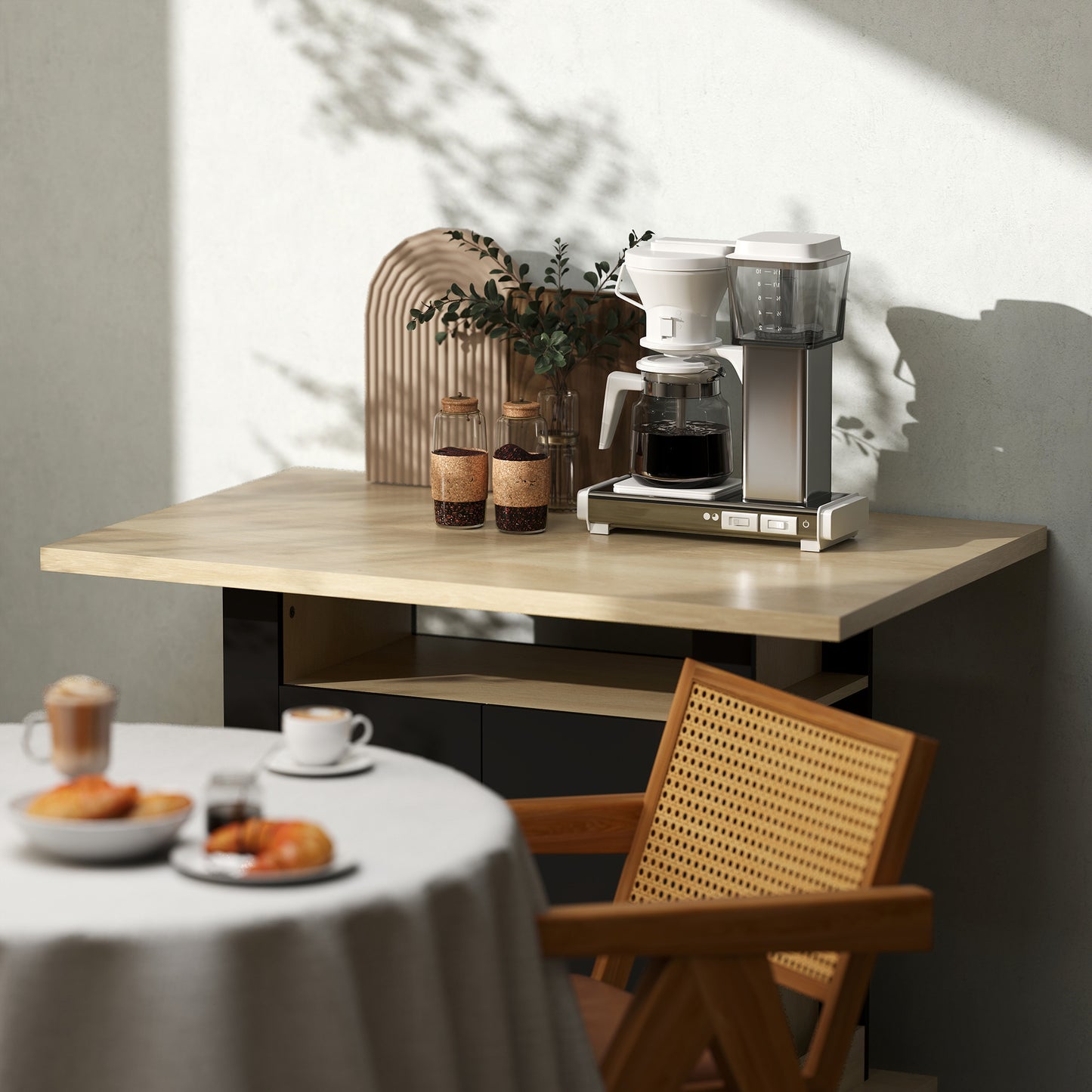 Kitchen Island with Spice Rack, Kitchen Storage with Large Tabletop for 4 People, Adjustable Shelves Black & Natural