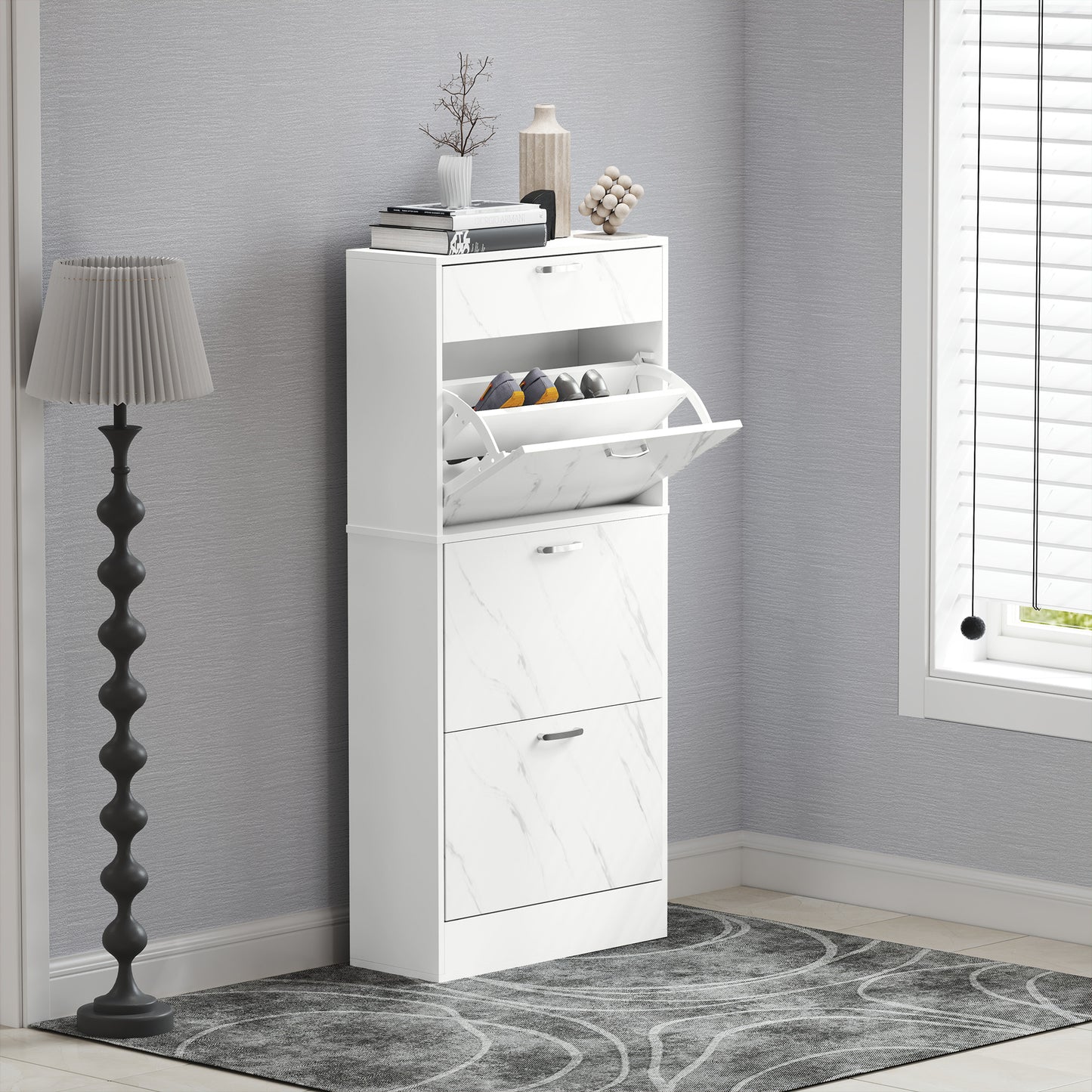 Marble Shoe Storage Cabinet with 3 Flip Drawers, Hallway Cabinet with Top Drawer and Adjustable Shelves