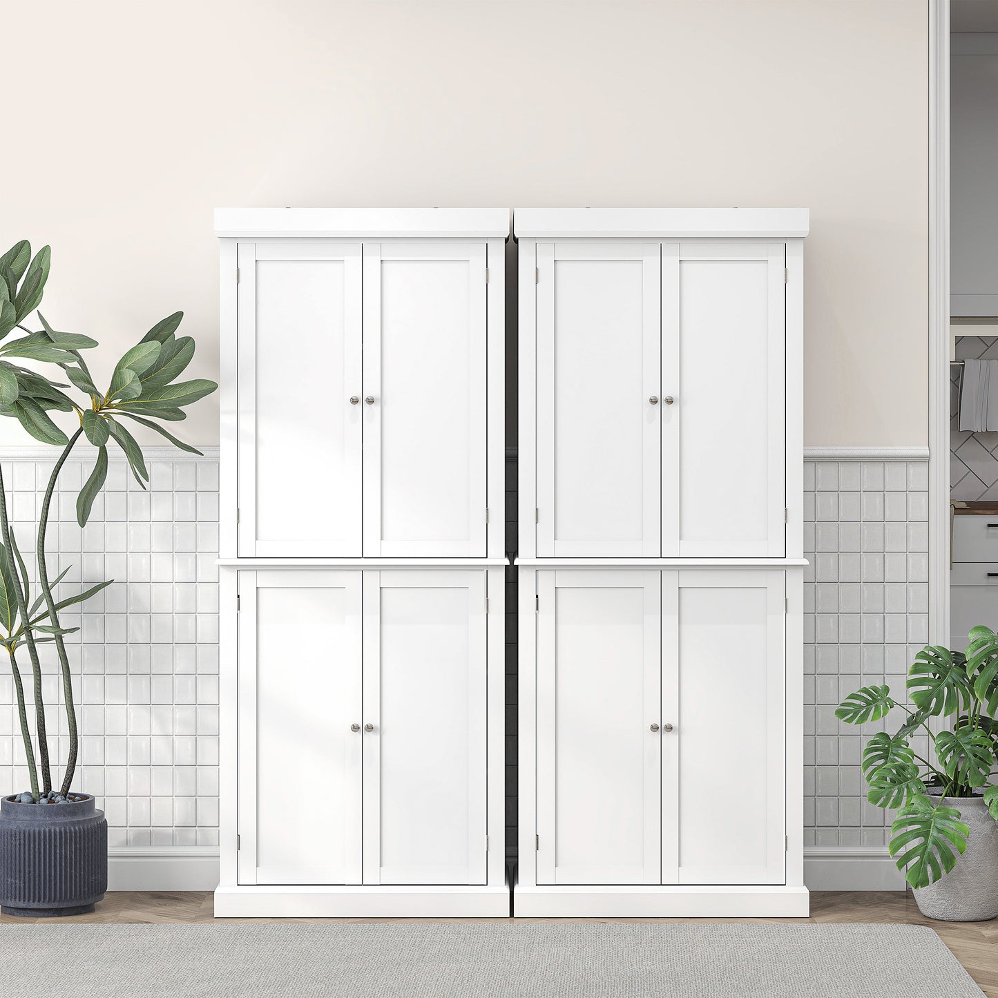 Freestanding Kitchen Cupboard with 4 Doors, Storage Cabinet with 6-Tier Shelving and 4 Adjustable Shelves, White