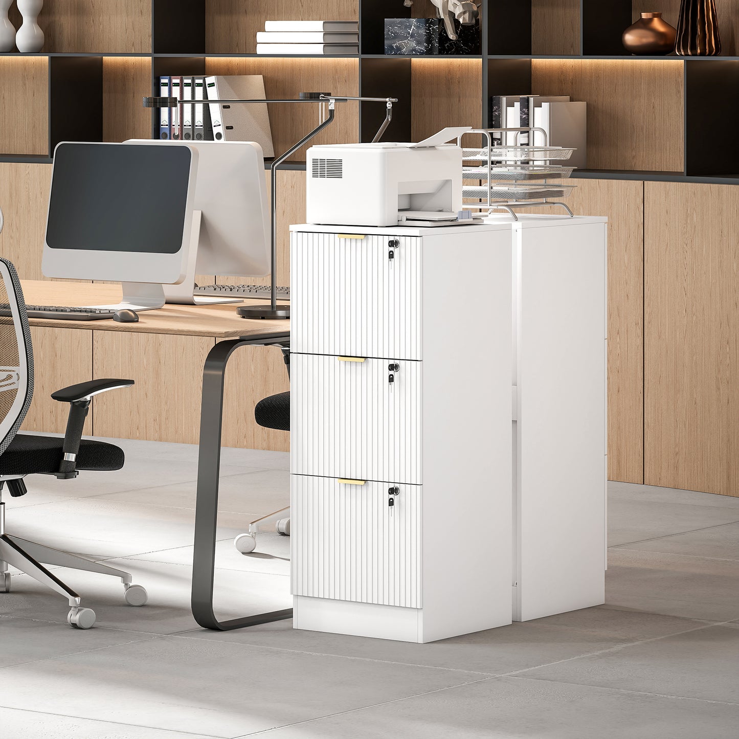 Filing Cabinet, Fluted Vertical File Cabinet with 3 Lockable Drawers and Hanging Rails, White