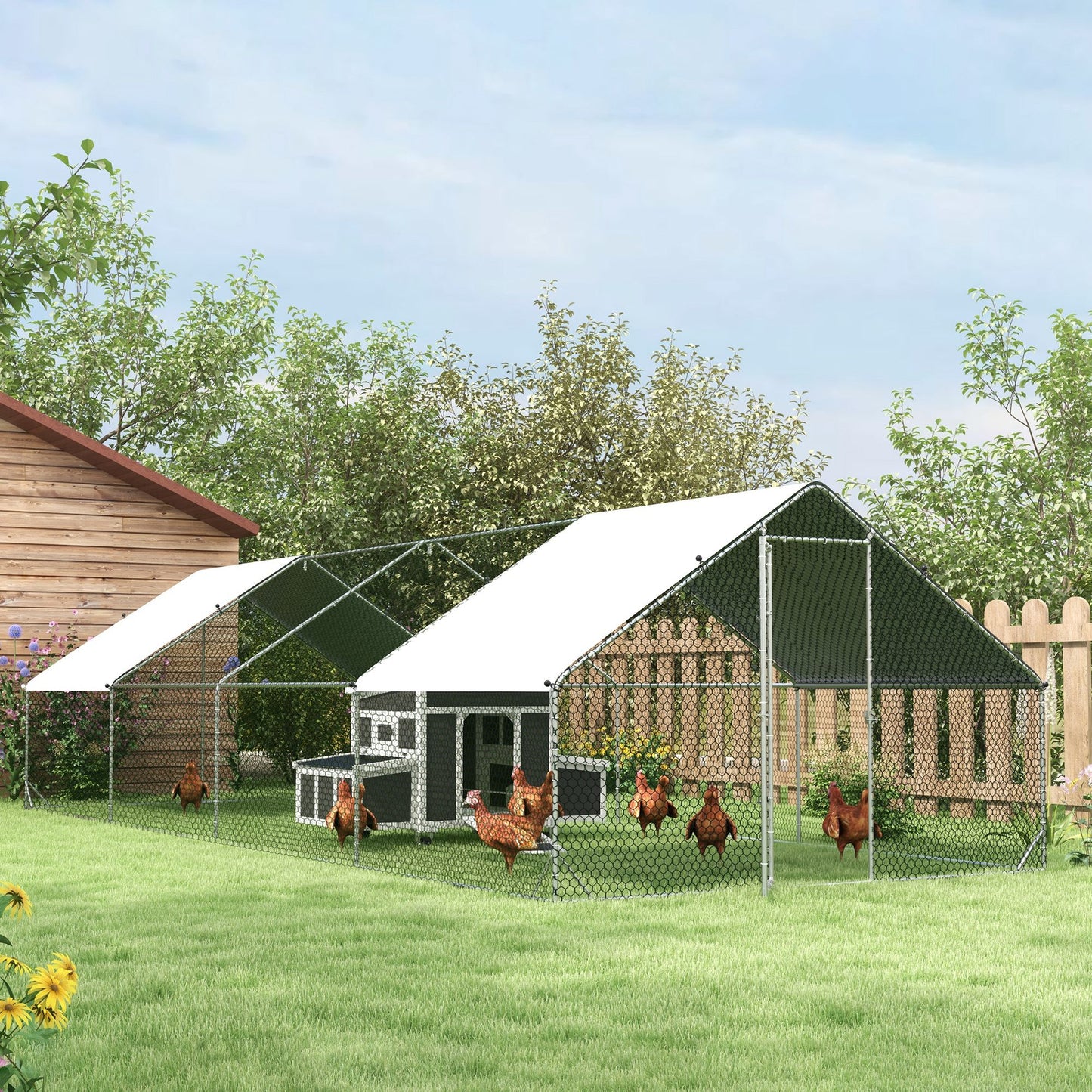 Chicken Run Galvanised Walk-in Chicken Coop Hen Poultry House Cage Rabbit Hutch with Weather-Resist Cover, 3 x 8 x 2m