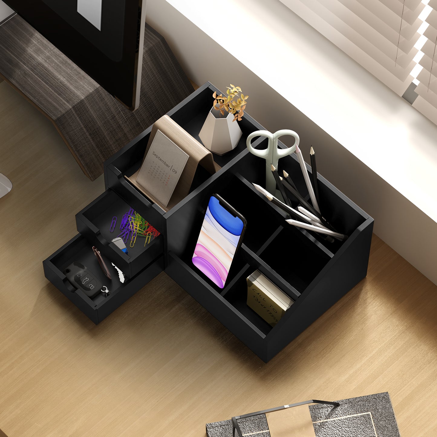 Desk Organiser Holder, Bamboo Multi-Function Storage Caddy with 7 Storage Compartments and 2 Drawers for Home Office Stationa
