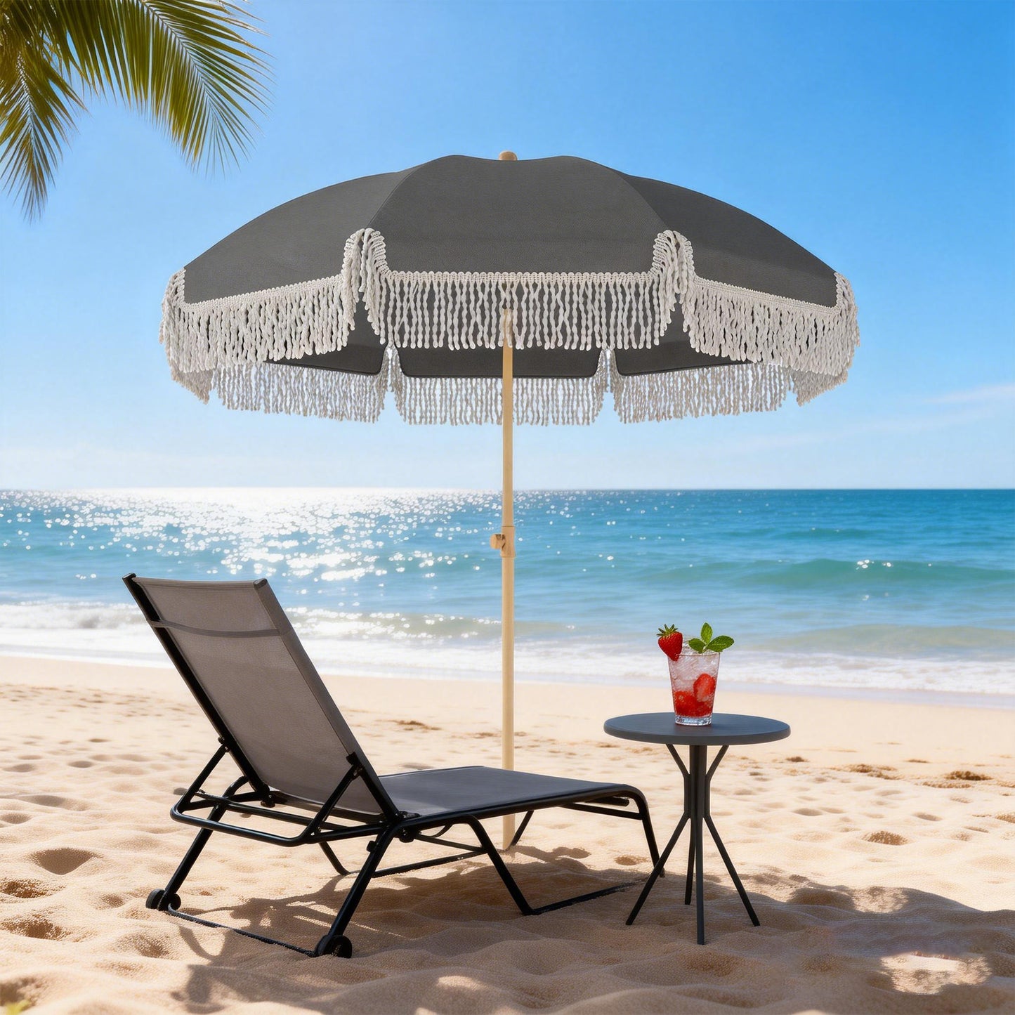 1.7 m Beach Umbrella with Sand Anchor, 30° Tilting Fringed Beach Garden Parasol with Adjustable Height, Grey