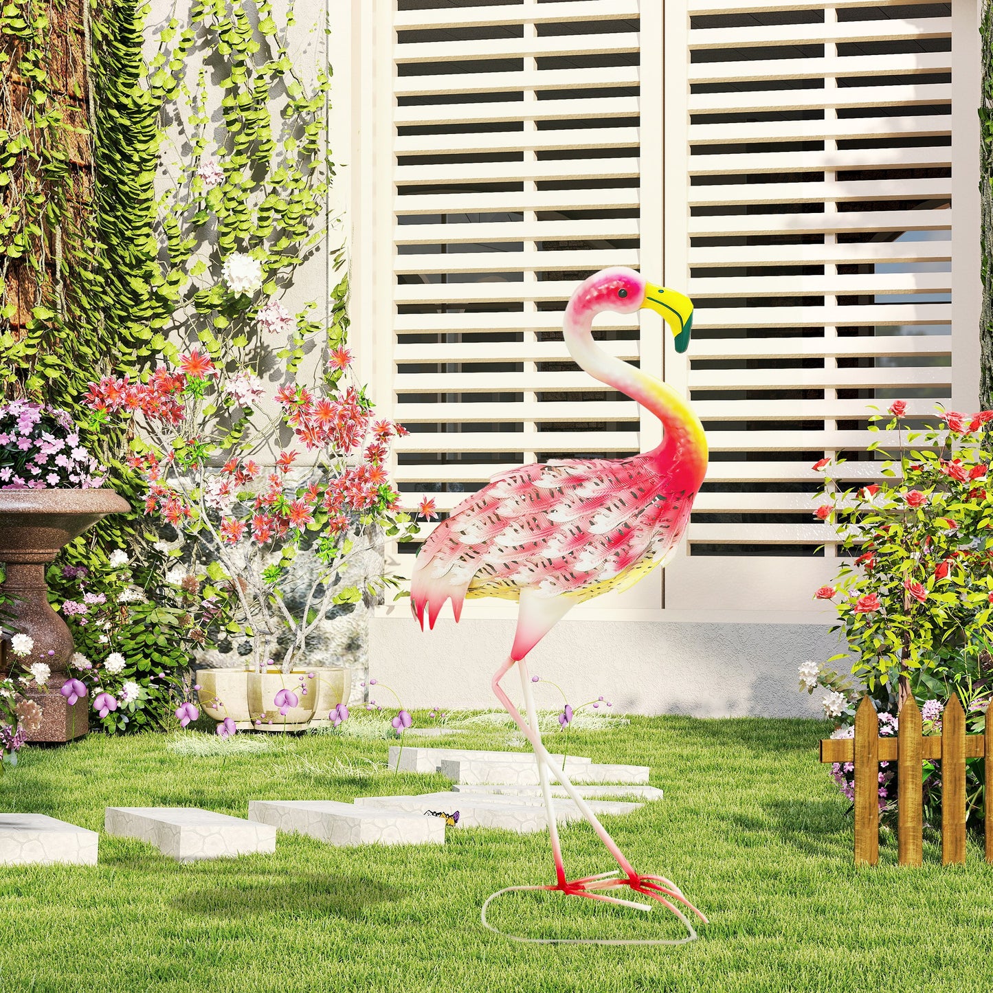 Flamingo Garden Statue Ornament, Metal Bird Art Outdoor Statue