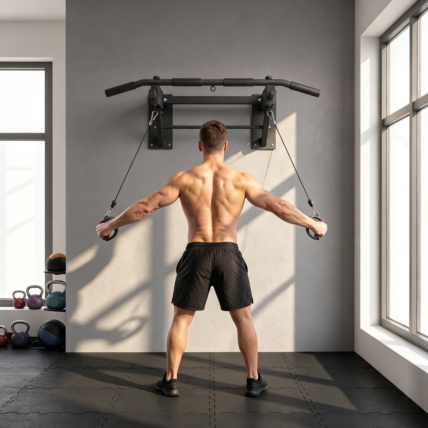 Pull Up Bar Wall Mounted Chin Up Bar with Folding Design, 3 Hooks for Resistance Bands, Supports up to 120 kg, Black