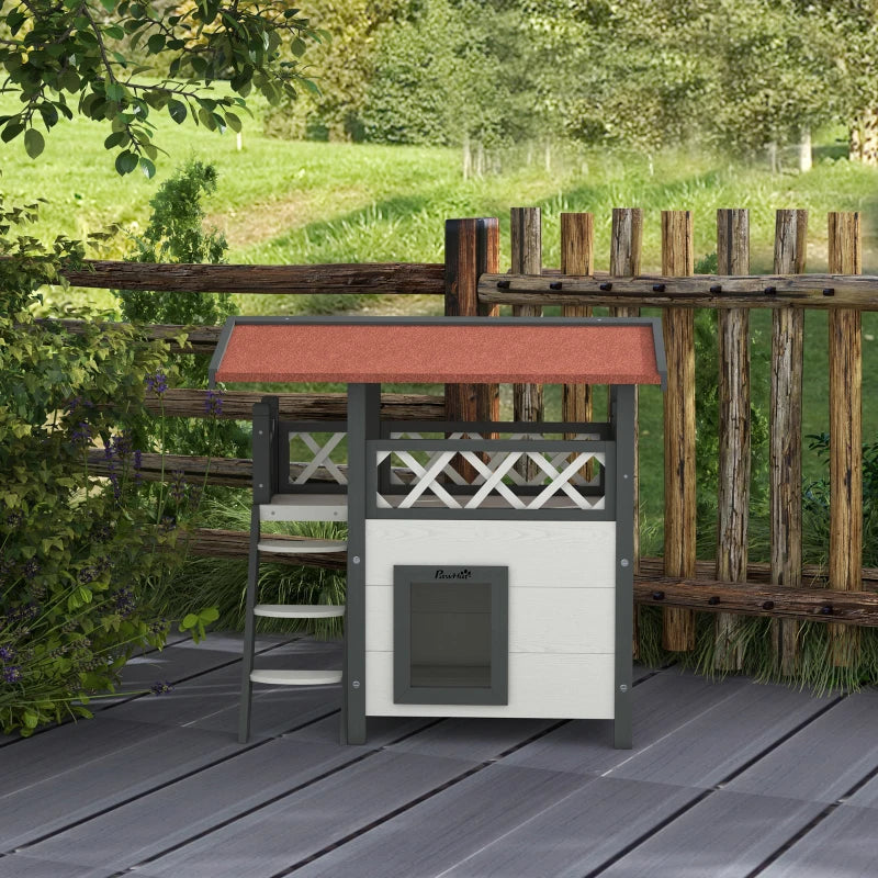 Cat House with Roofed Balcony Area & Stairs and Under House - White