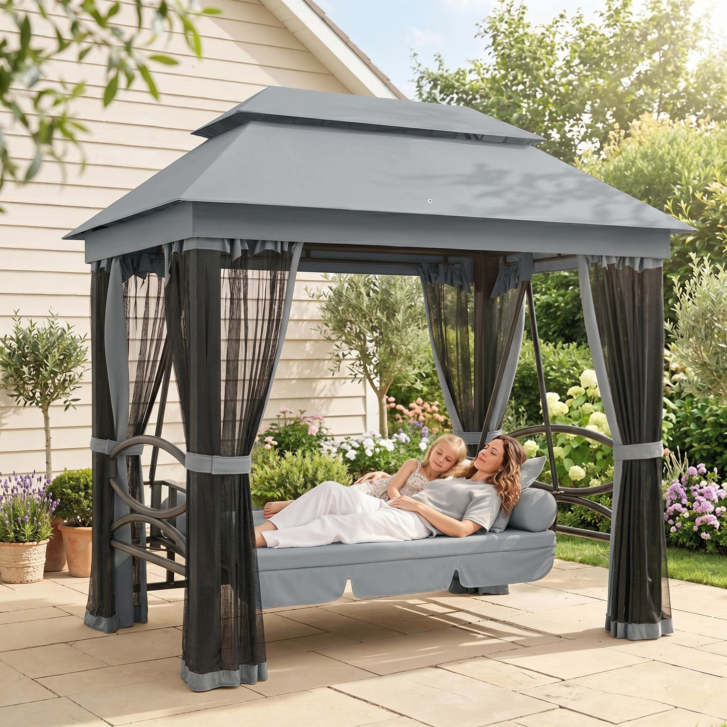 3 Seater Swing Chair 3-in-1 Convertible Garden Swing Seat Bed Gazebo Patio Bench Outdoor with Double Tier Canopy