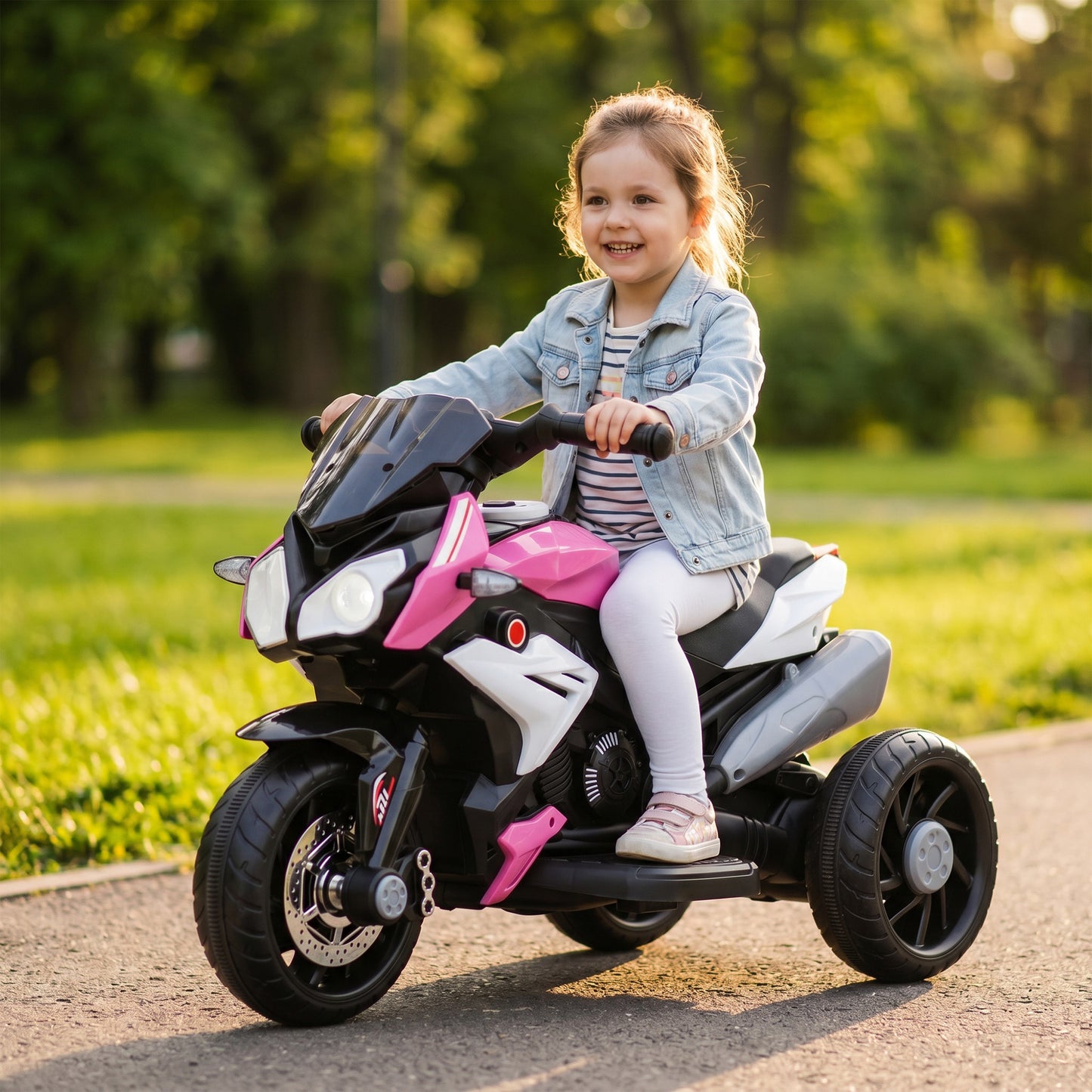 Kids Electric Motorcycle, 6V Ride on Motorcycle with 3 Wheels, LED Headlight, Music, Horn for Boys Girls 3-5 Y, Pink