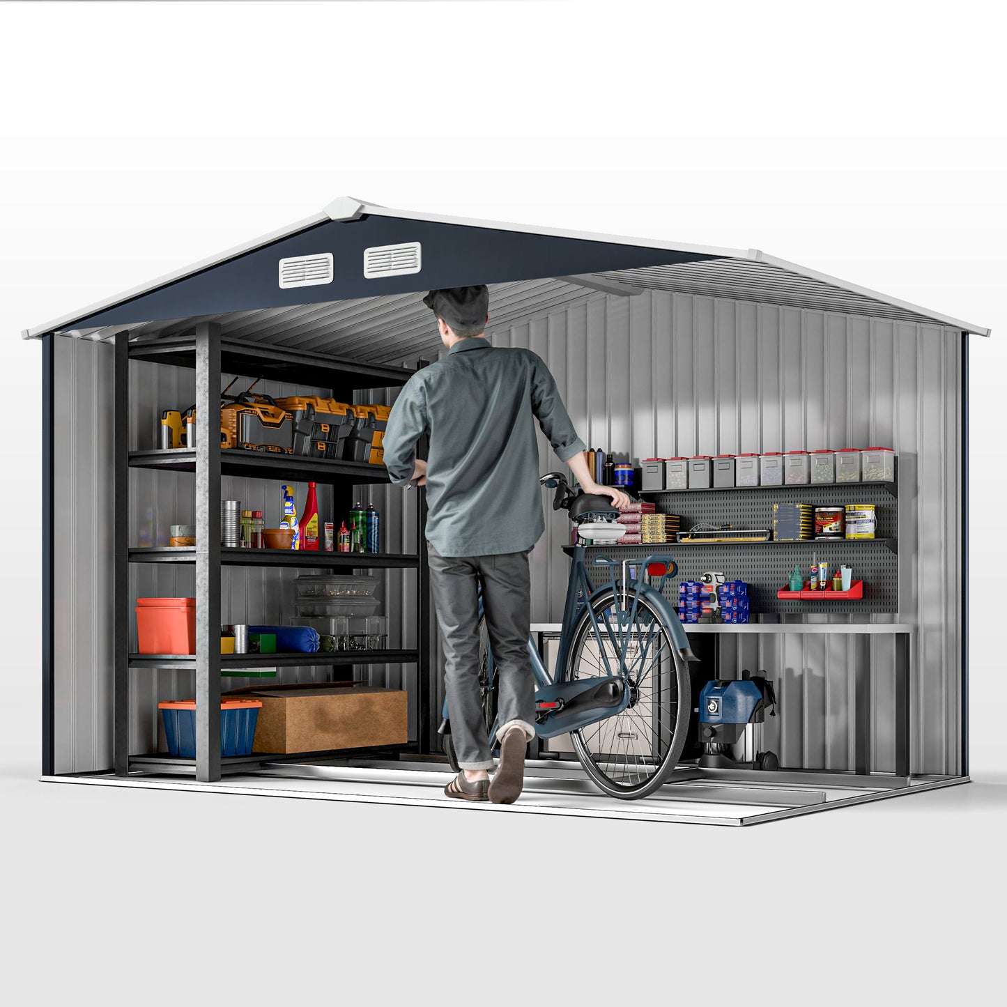 9 x 6ft Metal Bicycle Shed, Outdoor Storage Tool House with Ventilation Slots, Foundation Kit and Lockable Double Doors