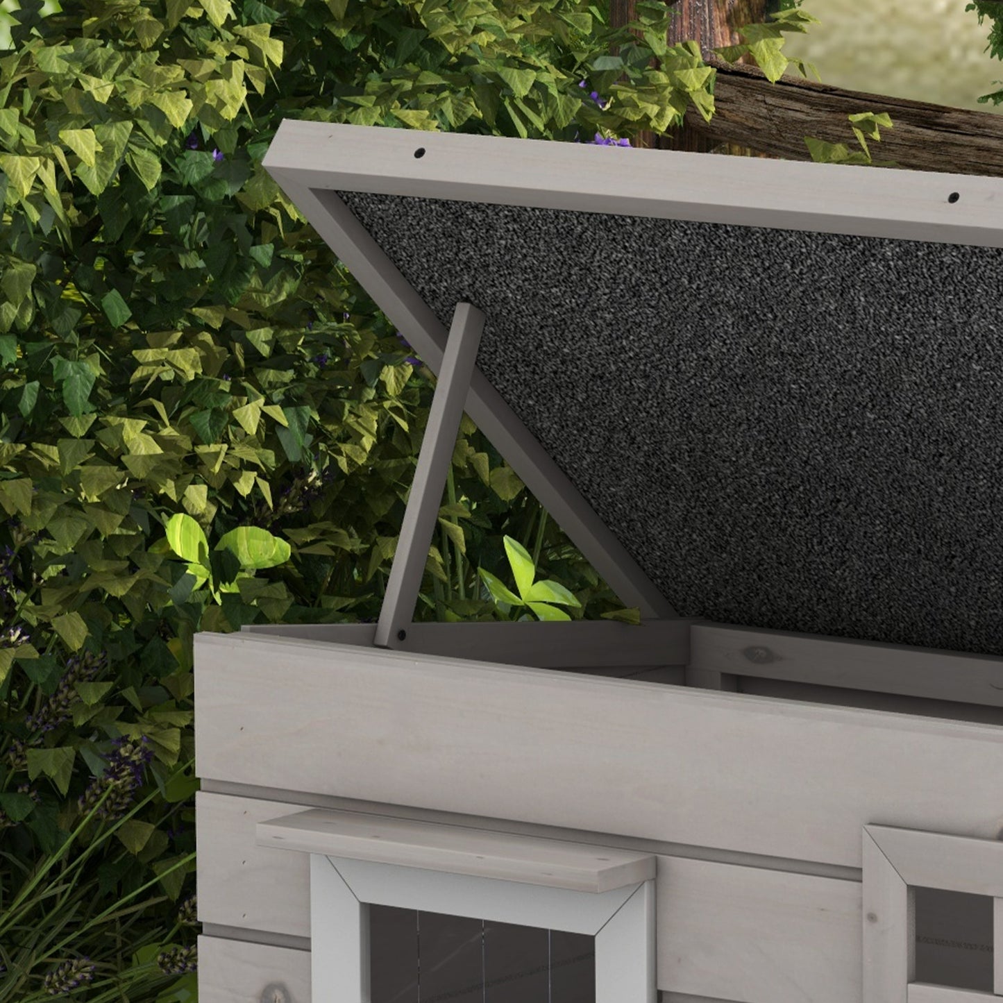 Wooden Outdoor Cat House, Elevated Cat Shelter Kennel, Pet Play House with Openable Top, Asphalt Roof, Window, Grey