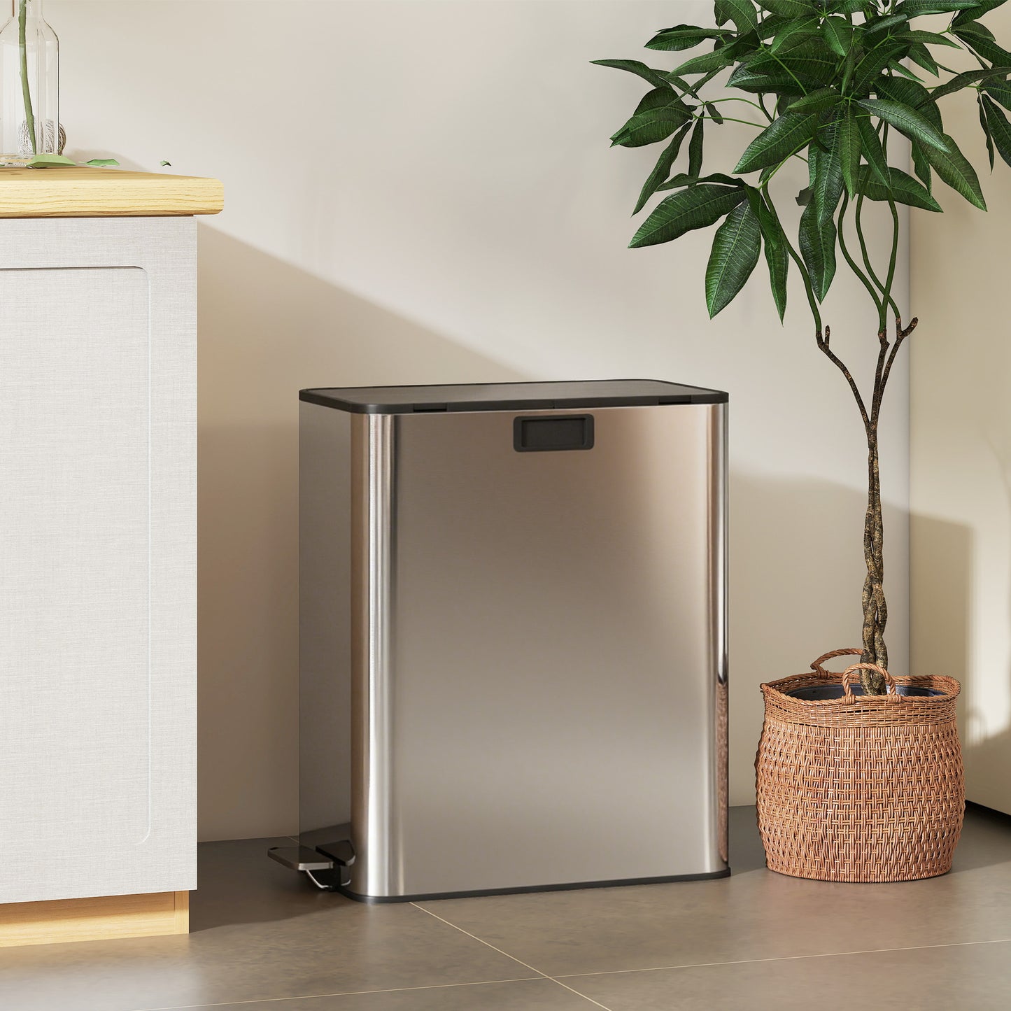Dual Kitchen Bin with Soft-Close Butterfly Lid, 2 x 28L Stainless Steel Pedal Bin with Removable Inner Buckets