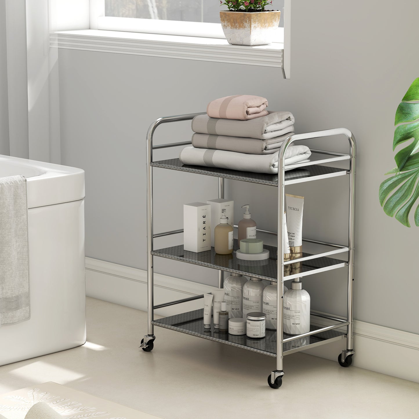 3 Tier Stainless Steel Kitchen Storage Trolley with Adjustable Shelf - Silver