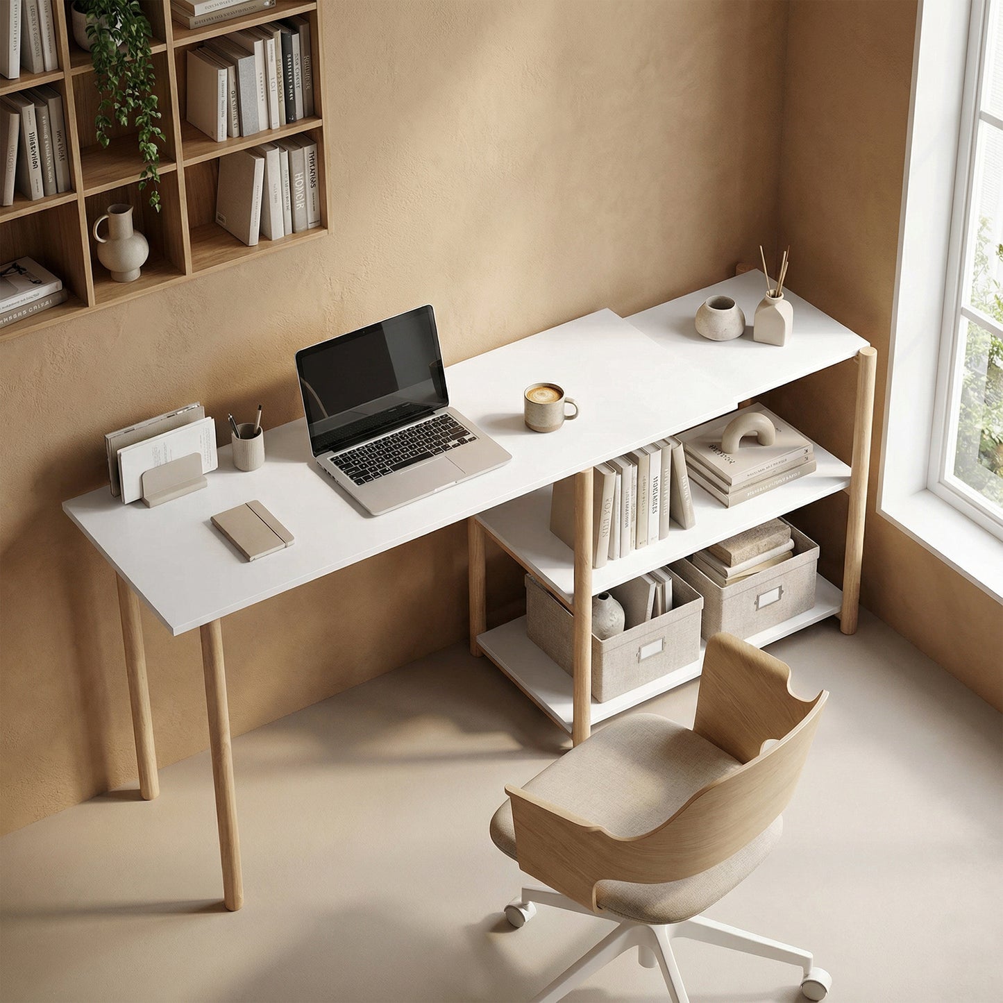Computer Desk with Storage Shelves Modern Writing Desk Bamboo Frame for Home Office 150 cm White and Oak
