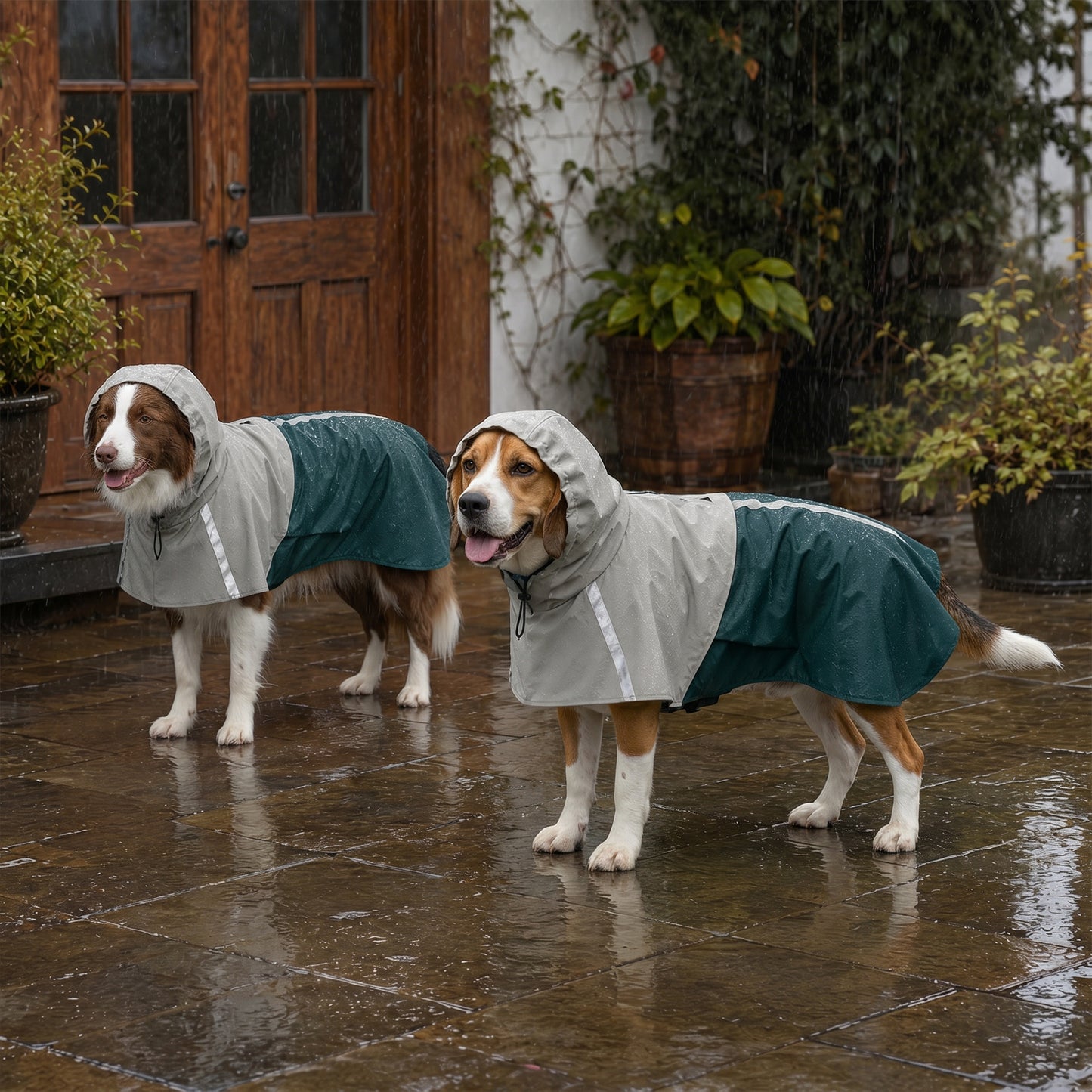 Dog Raincoat with Hood, Waterproof & Breathable Rain Jacket with Leash Hole, for Medium Dogs, Green, M