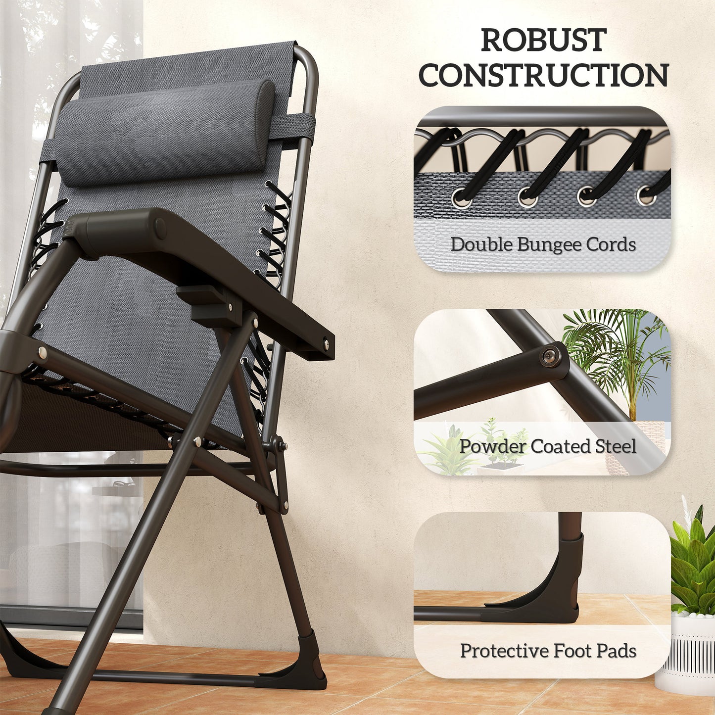 Zero Gravity Chairs Set of 2, Folding Sunloungers Reclining Garden Chairs with Cup Holder, Headrest, Dark Grey