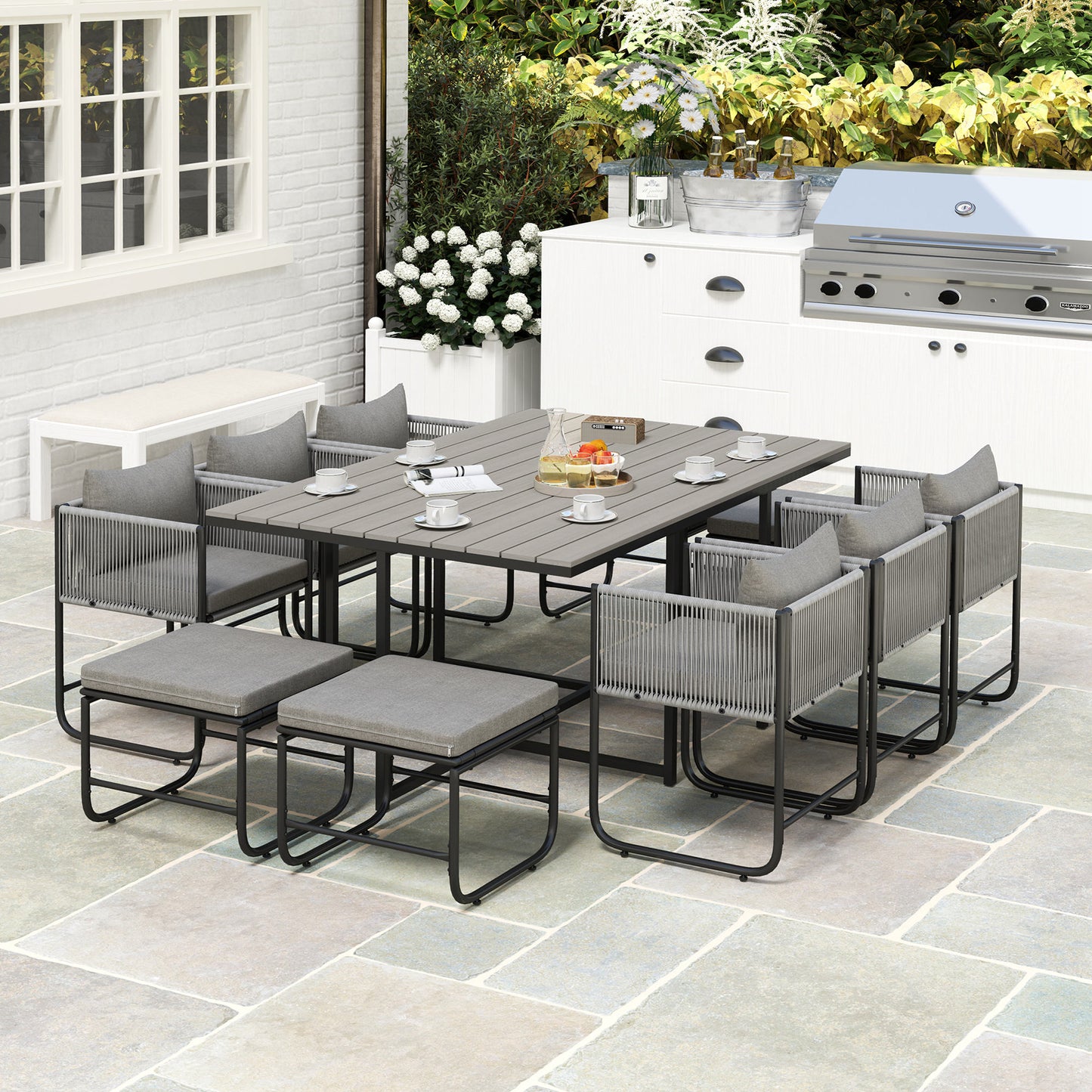 10 Seater Rattan Cube Garden Furniture Set, Rattan Dining Set with Cushions