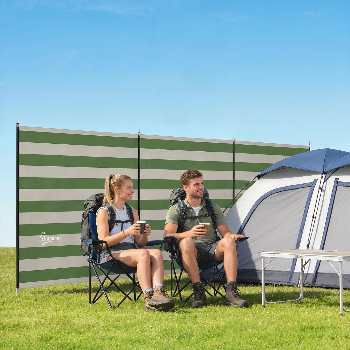 4 Pole Camping Windbreaks, Beach Wind Shield Shelter with Carry Bag and Steel Poles, 540cm x 150cm, Army Green