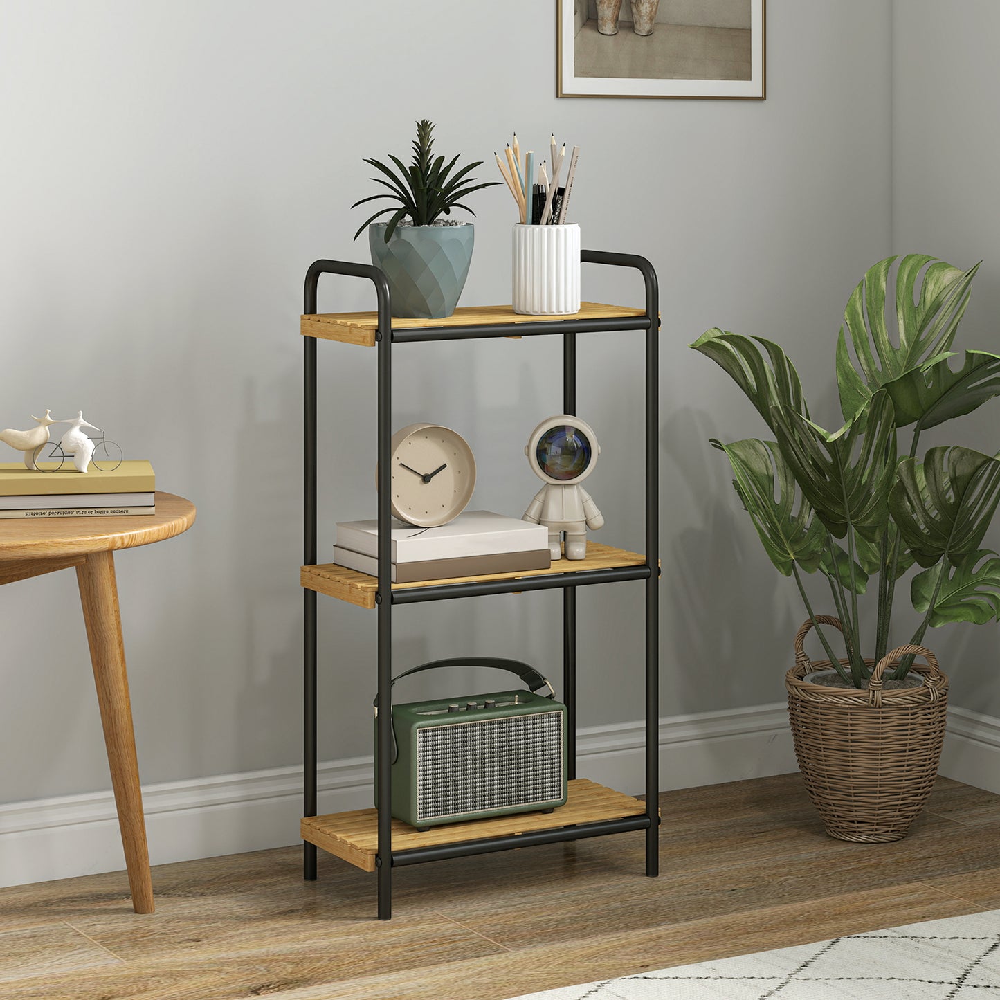 3-Tier Bamboo Bathroom Storage Shelf, Freestanding Narrow Shelving Unit with Slatted Shelves for Kitchen Bathroom Living Room