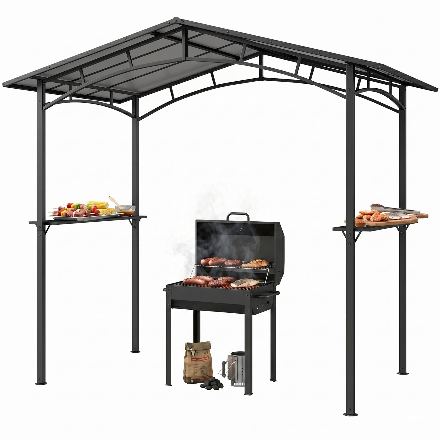 246 x 149cm Outdoor BBQ Protective Gazebo Tent Aluminium Steel Frame w/ 2 Shelves Hardtop Roof Canopy Ground Stakes Safe Cook