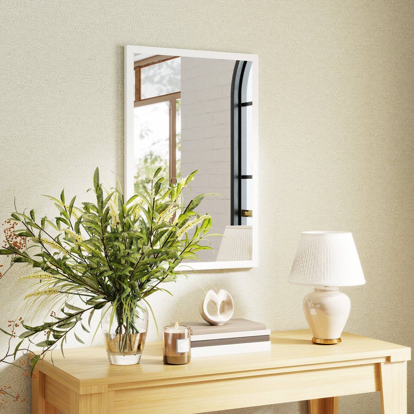 Wall Bathroom Mirror, 60 x 40 cm Wall-Mounted Mirror for Living Room, Bedroom, Hallway, White