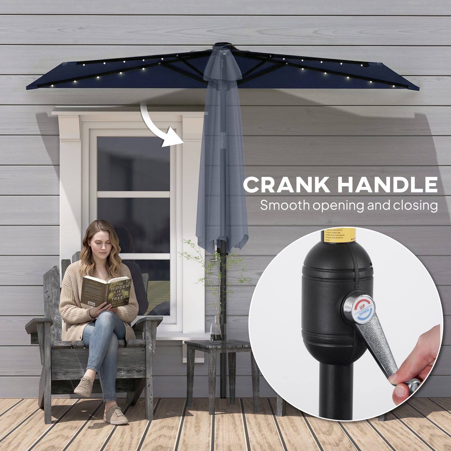 2.6 m Half Garden Parasol with Solar LED Lights, UPF50+ Semi Round Umbrella with 30° Tilt, Crank Handle, Dark Blue
